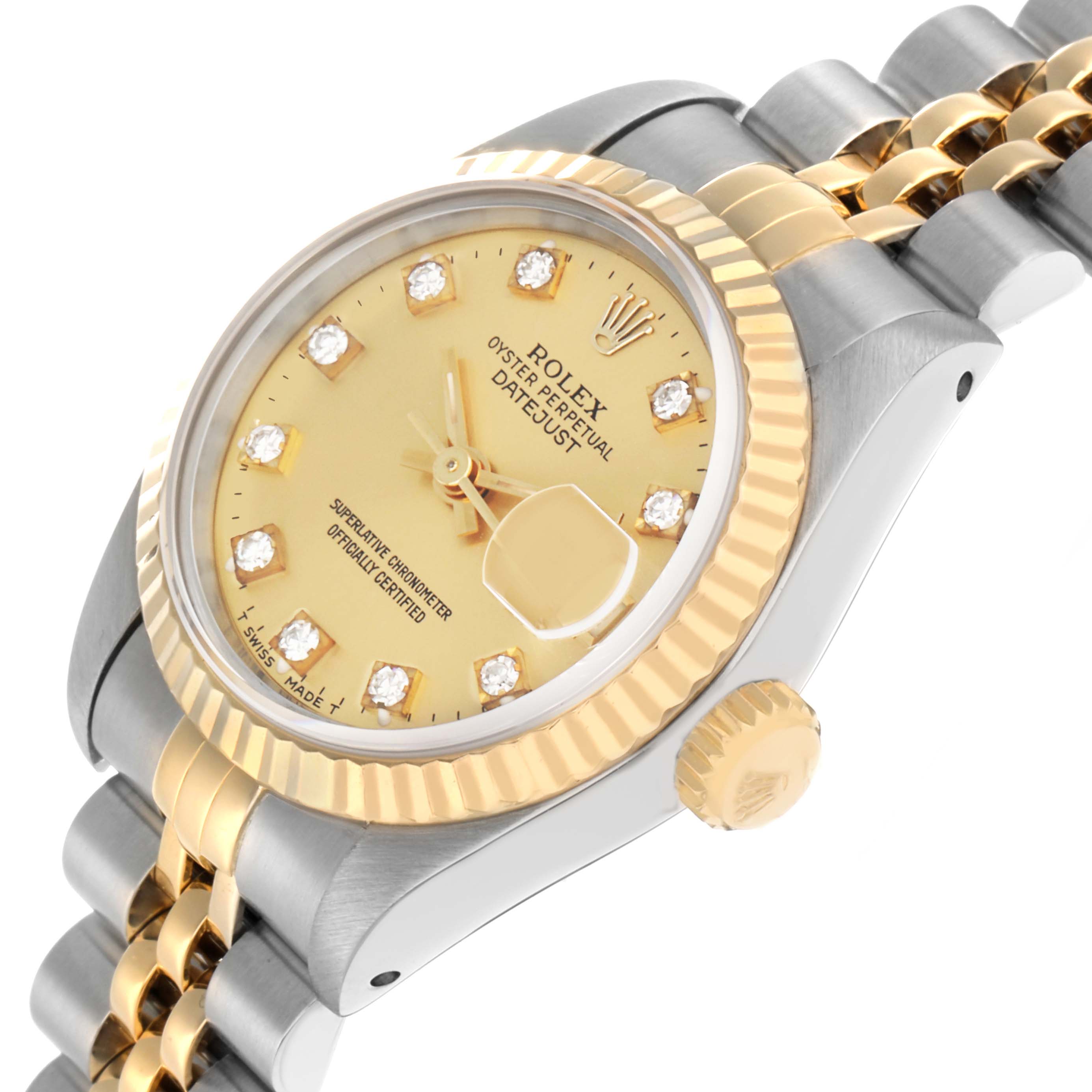 The Rolex Datejust 69173 Women
s Steel and Gold (two tone) Champagne Dial watch is shown at an angled view, highlighting the dial, bezel, crown, and part of the bracelet.