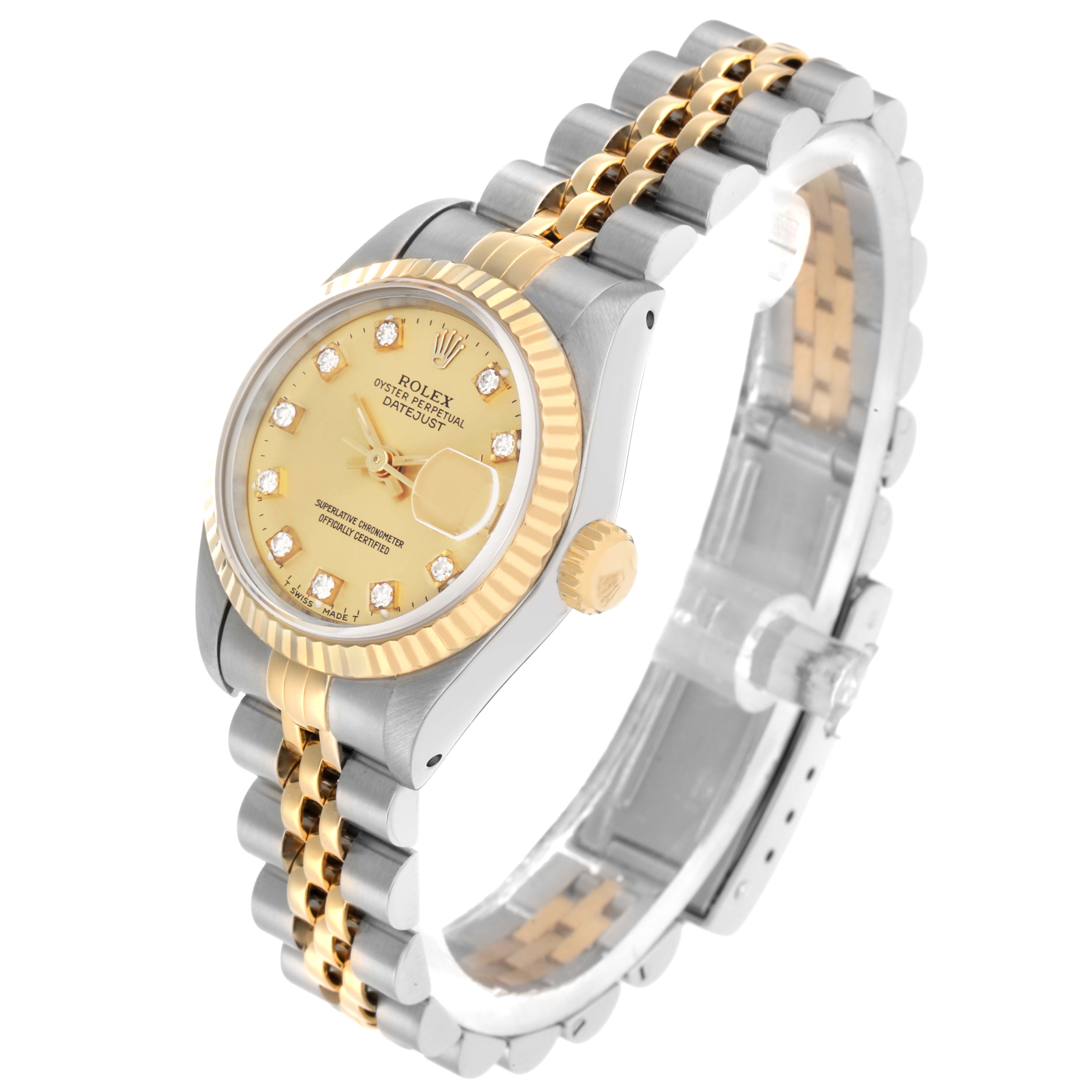 The Rolex Datejust 69173 Women
s Steel and Gold (two tone) Champagne Dial watch is shown at an angle, displaying the face, two-tone bracelet, and side crown.