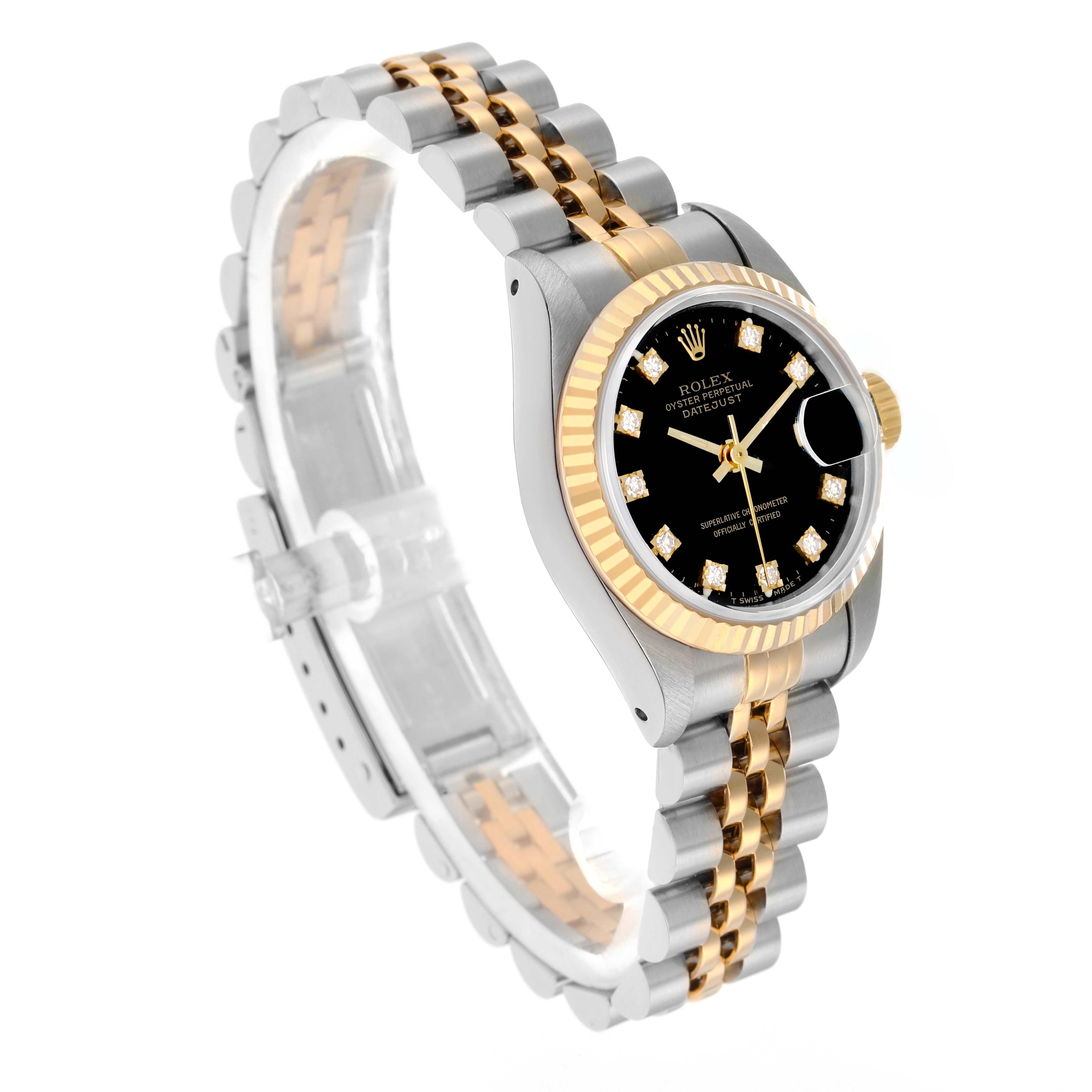 The Rolex Datejust 69173 Women
s Steel and Gold (two tone) Black Dial watch is shown at an angle highlighting the black dial, fluted bezel, and Jubilee bracelet.