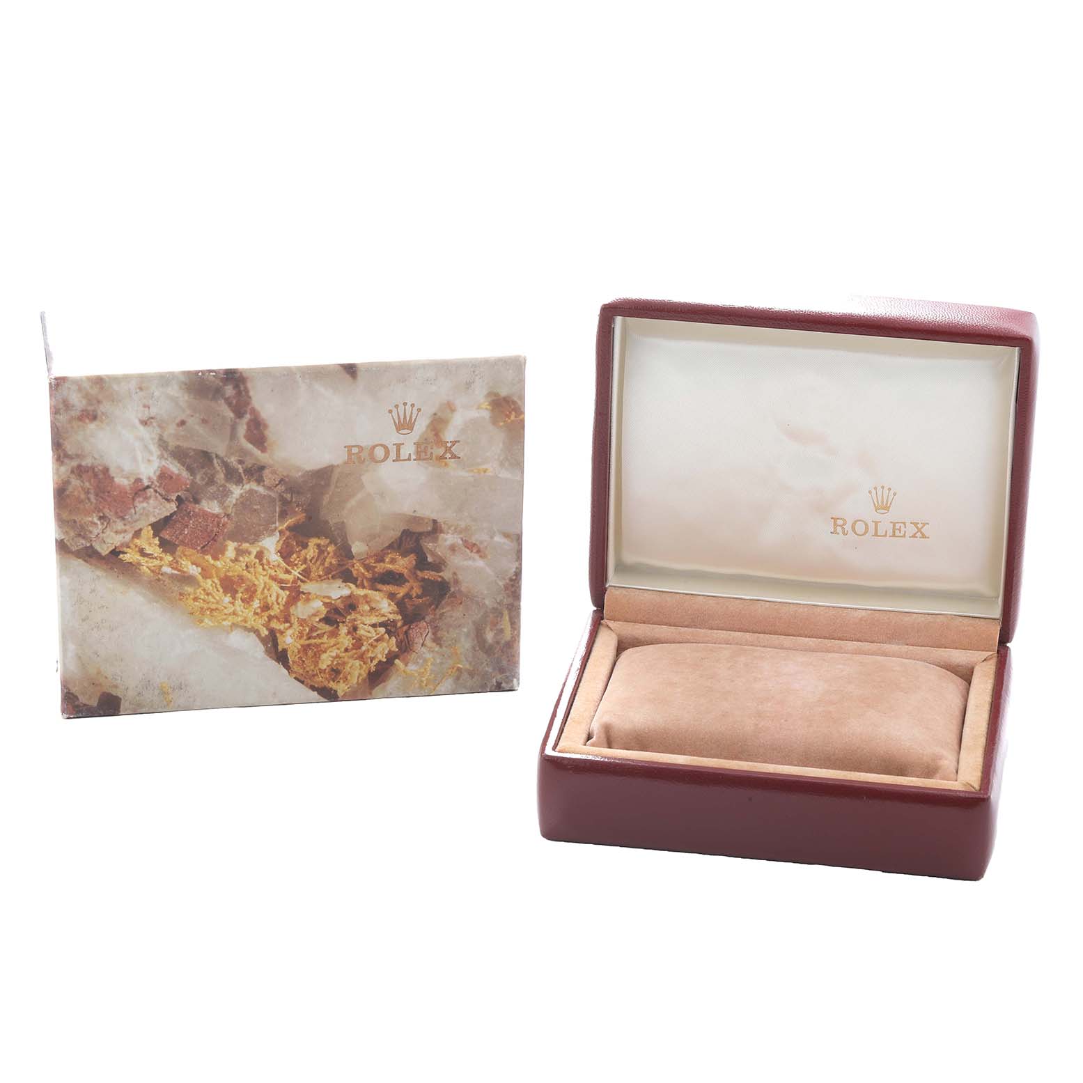 The image shows a Rolex Datejust 69173 Women
s Steel and Gold (two tone) Black Dial watch box and booklet from a side angle, highlighting the packaging and cushion.