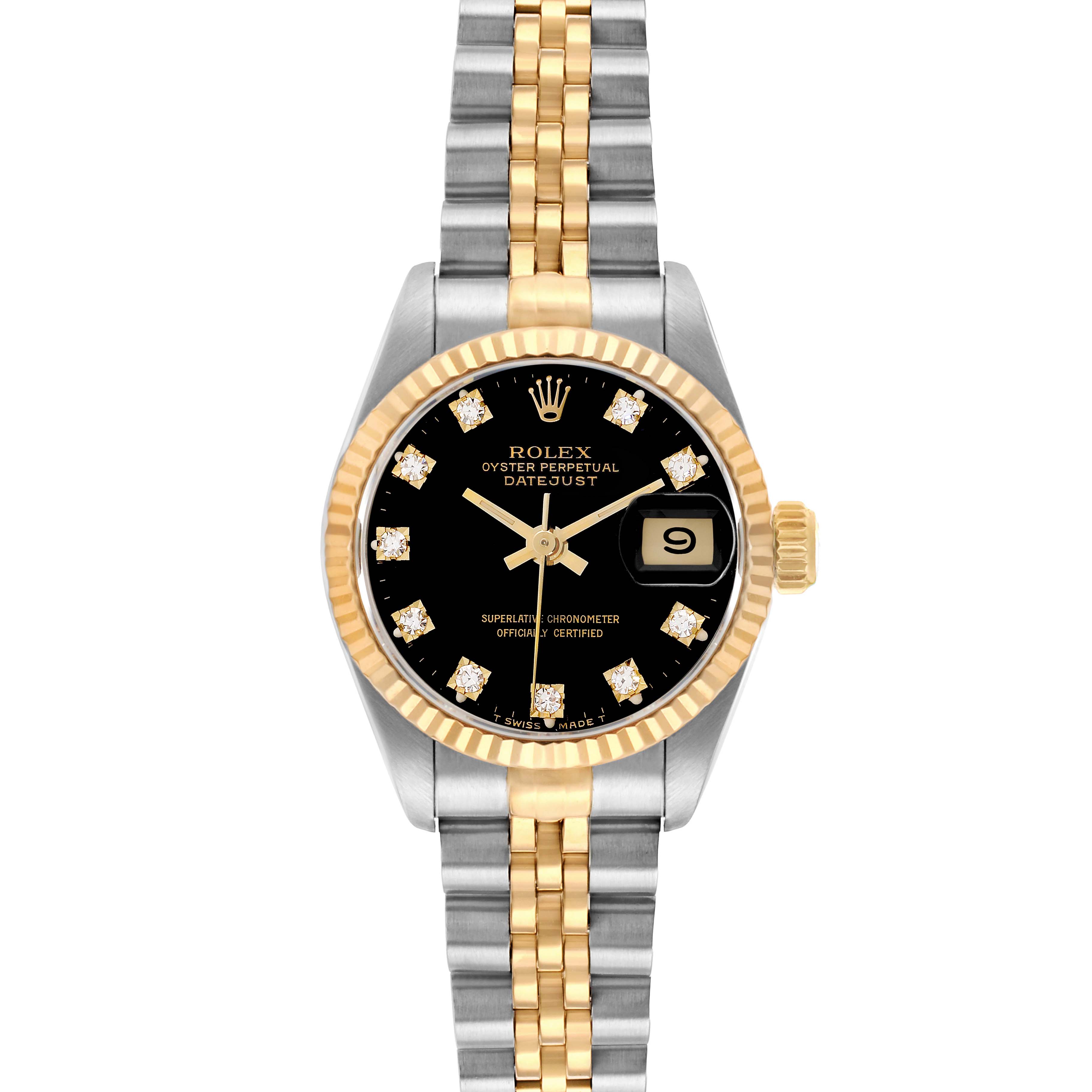 The Rolex Datejust 69173 Women
s Steel and Gold (two tone) Black Dial watch is shown from a front view, displaying its two-tone bracelet, fluted bezel, and black dial with date.