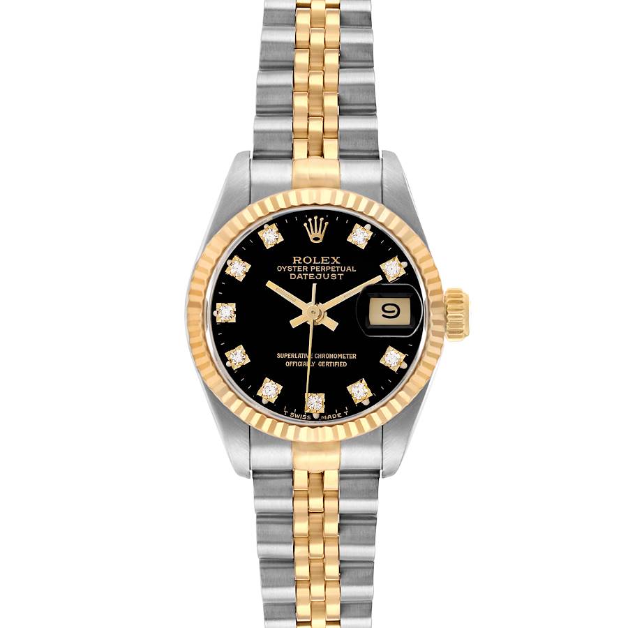 The Rolex Datejust 69173 Women's Steel and Gold (two tone) Black Dial watch is shown from a front view, displaying its two-tone bracelet, fluted bezel, and black dial with date.