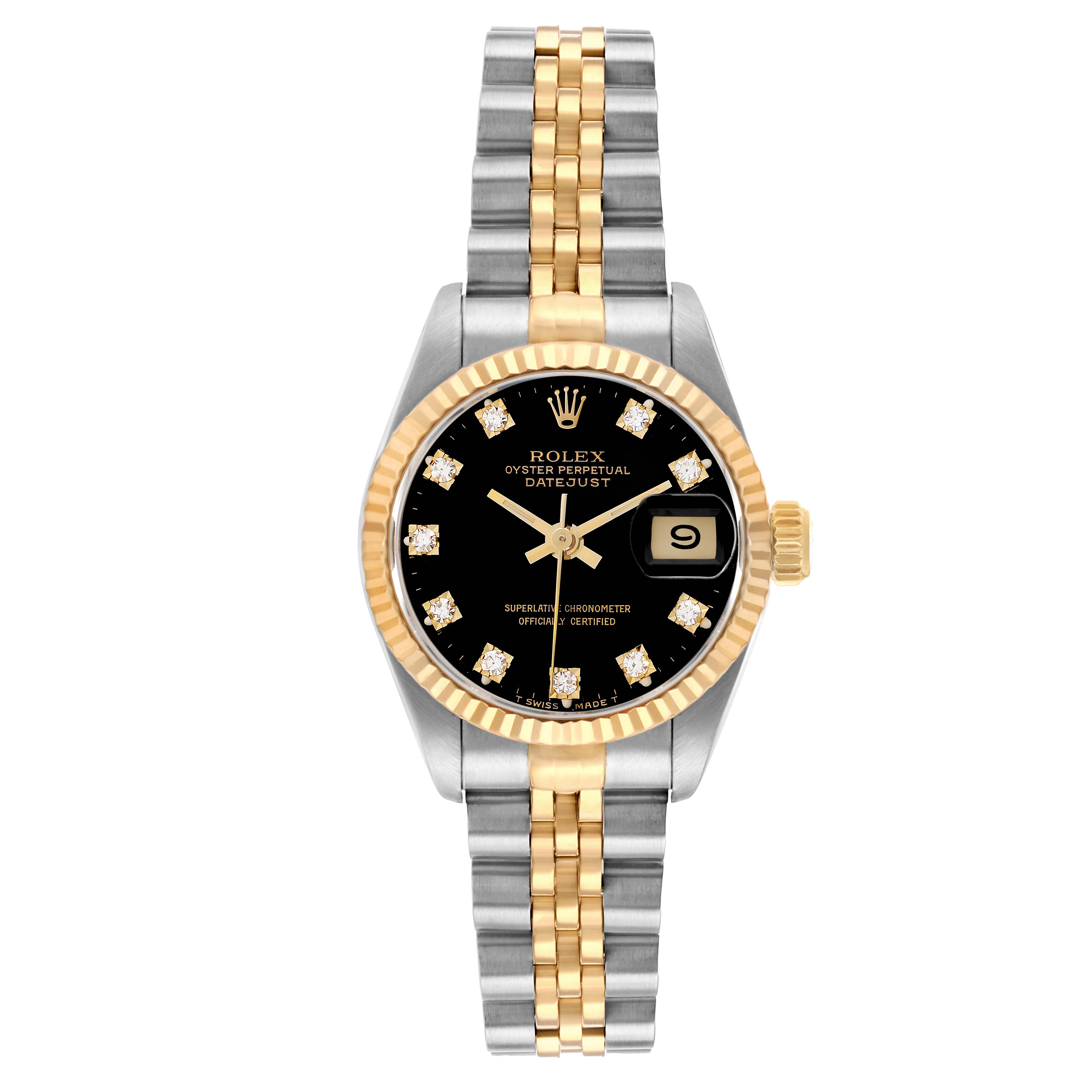 The Rolex Datejust 69173 Women
s Steel and Gold (two tone) Black Dial watch is shown from a top-down angle, displaying the face, bezel, and two-tone bracelet.