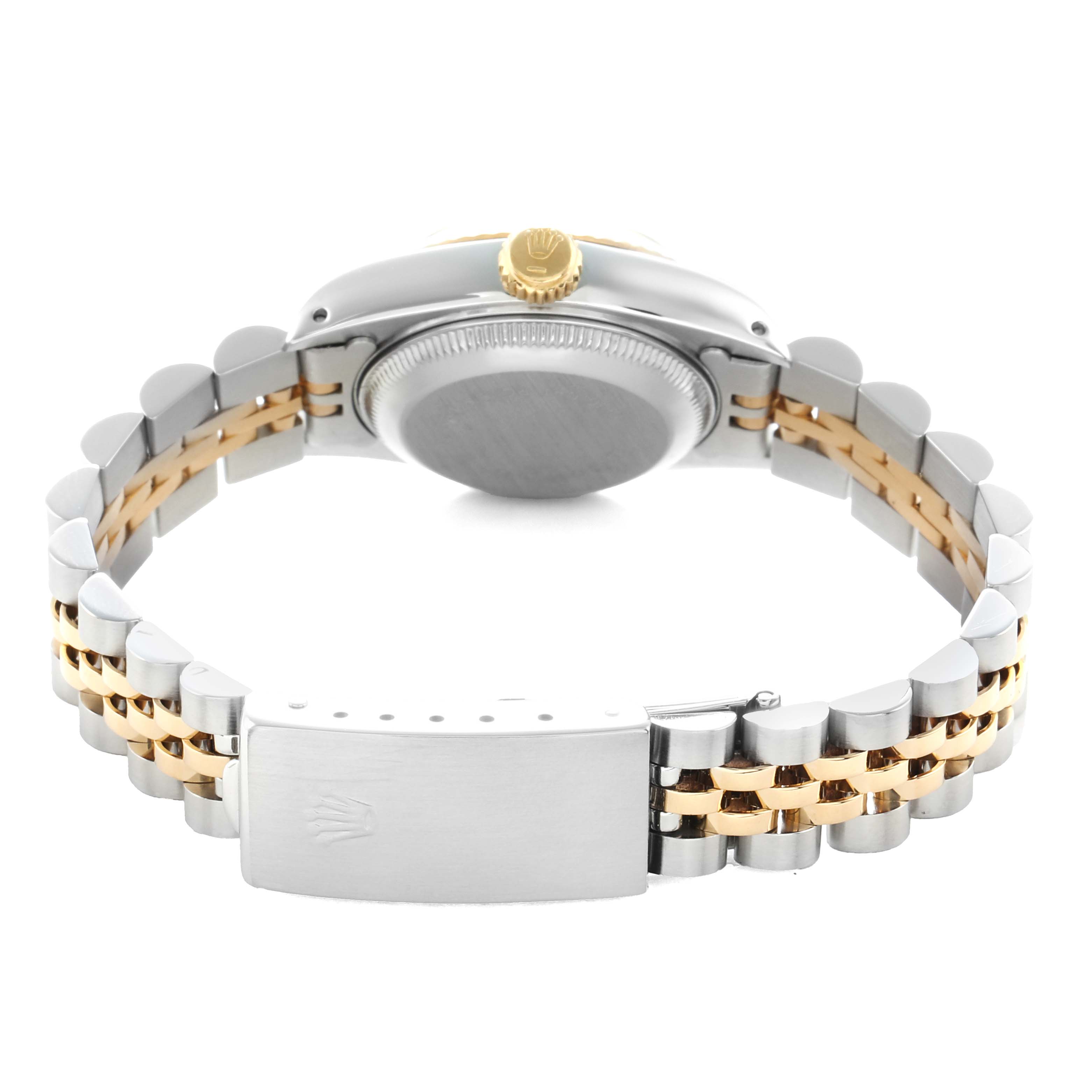 The image shows the back view of a Rolex Datejust 69173 Women
s Steel and Gold (two tone) Black Dial, highlighting the bracelet, clasp, case back, and crown.