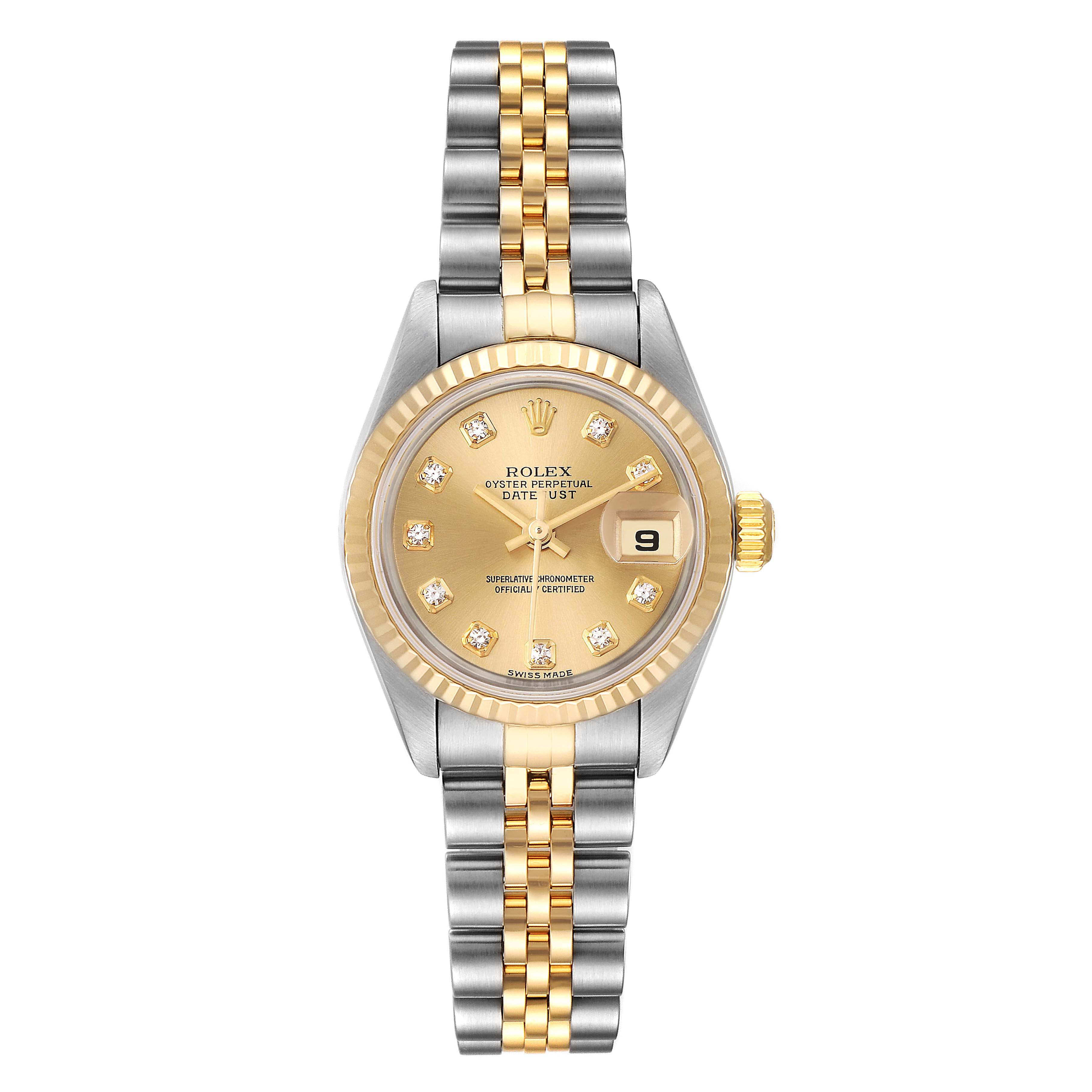 The image shows a frontal view of a Rolex Datejust 79173 Women's Steel and Gold (two tone) Champagne Dial 79173 Women's Steel and Gold (two tone) Champagne Dial watch featuring a two-tone bracelet, a gold dial, and a date window at 3 o'clock.