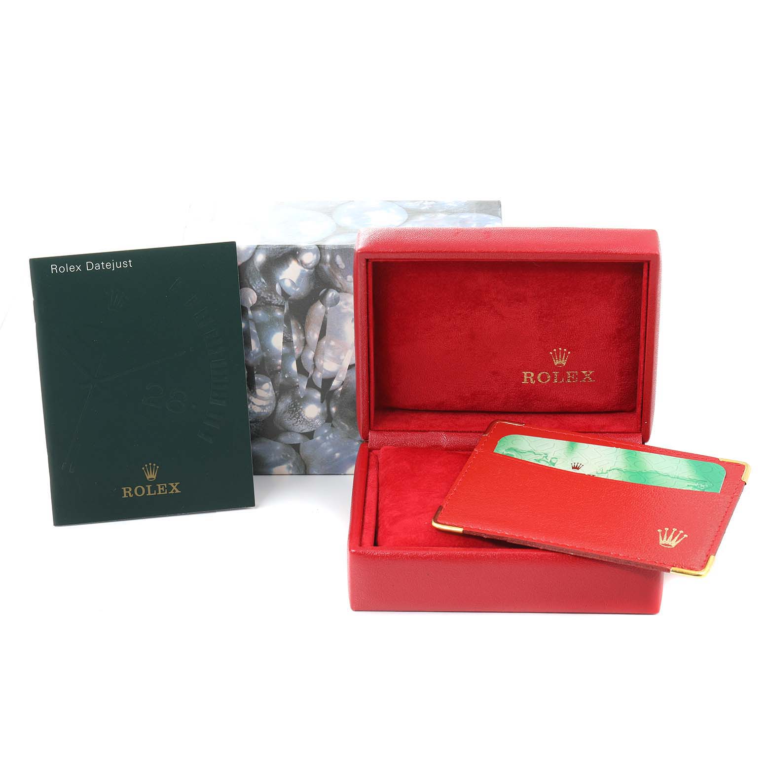 The image shows the packaging, user manual, and warranty card for a Rolex Datejust 79173 Women's Steel and Gold (two tone) Champagne Dial 79173 Women's Steel and Gold (two tone) Champagne Dial watch.