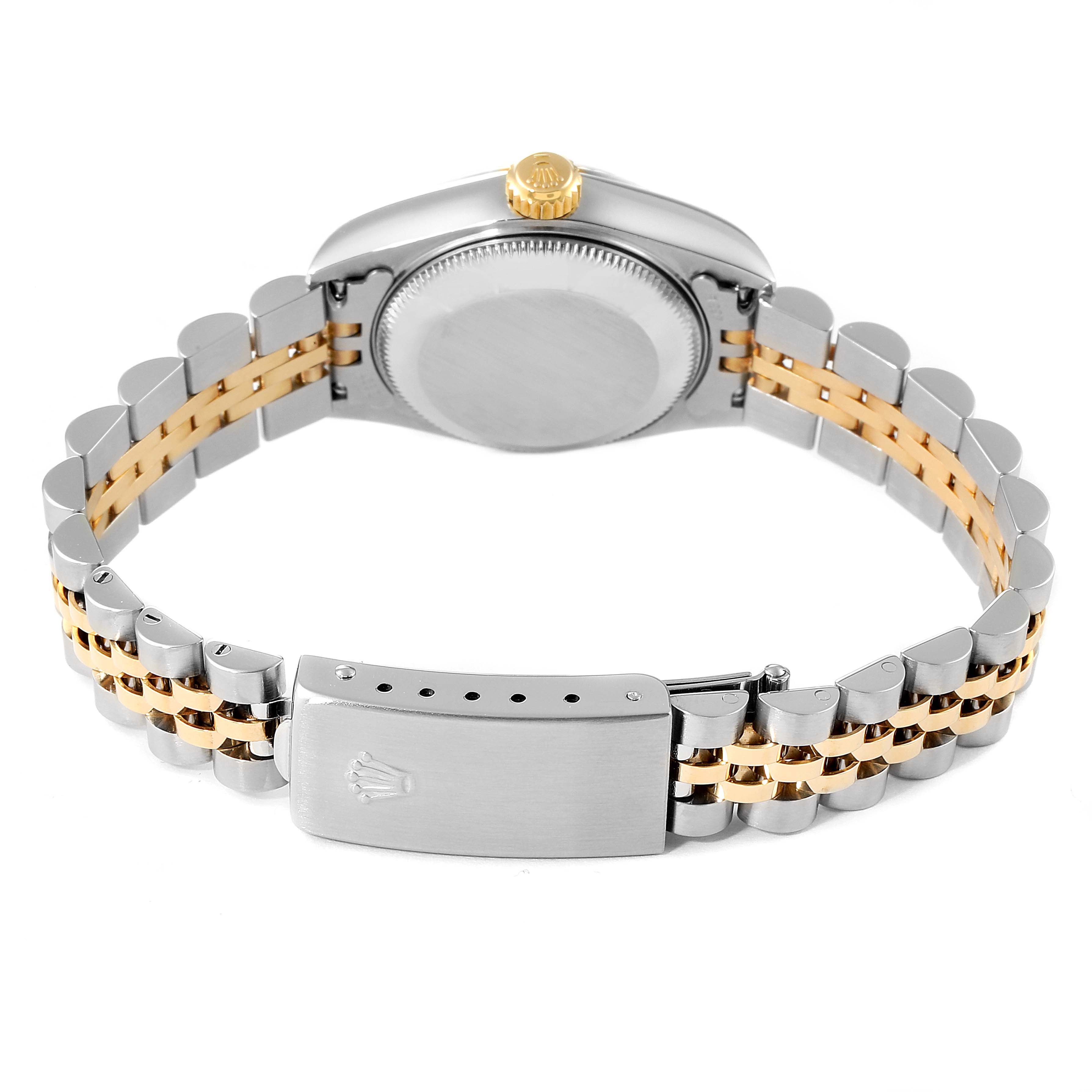The image shows the back of a Rolex Datejust 79173 Women's Steel and Gold (two tone) Champagne Dial 79173 Women's Steel and Gold (two tone) Champagne Dial watch, highlighting its bi-metal bracelet and clasp.
