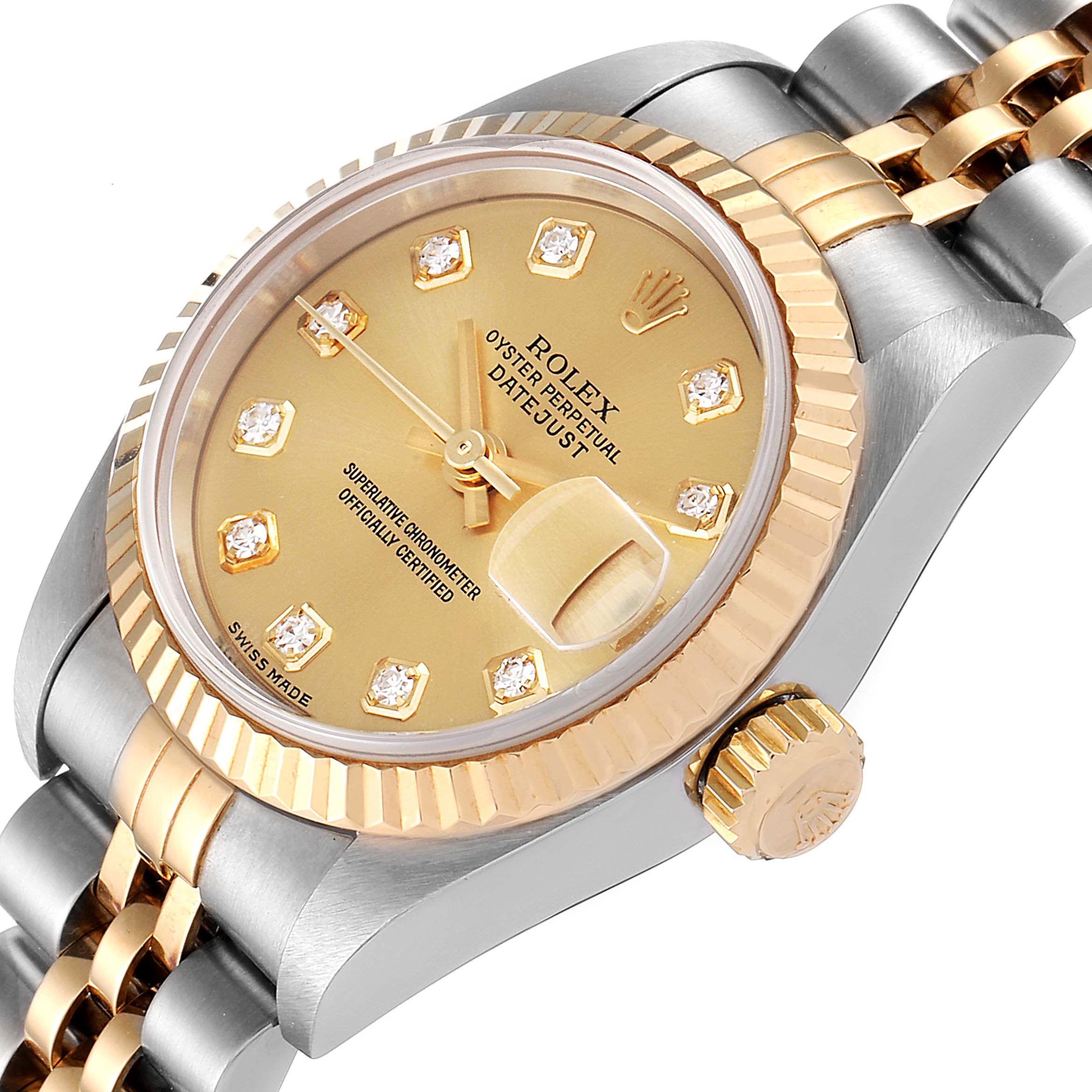 The image shows a close-up of the Rolex Datejust 79173 Women's Steel and Gold (two tone) Champagne Dial 79173 Women's Steel and Gold (two tone) Champagne Dial watch highlighting its face, crown, bezel, and bracelet from a right side angle.