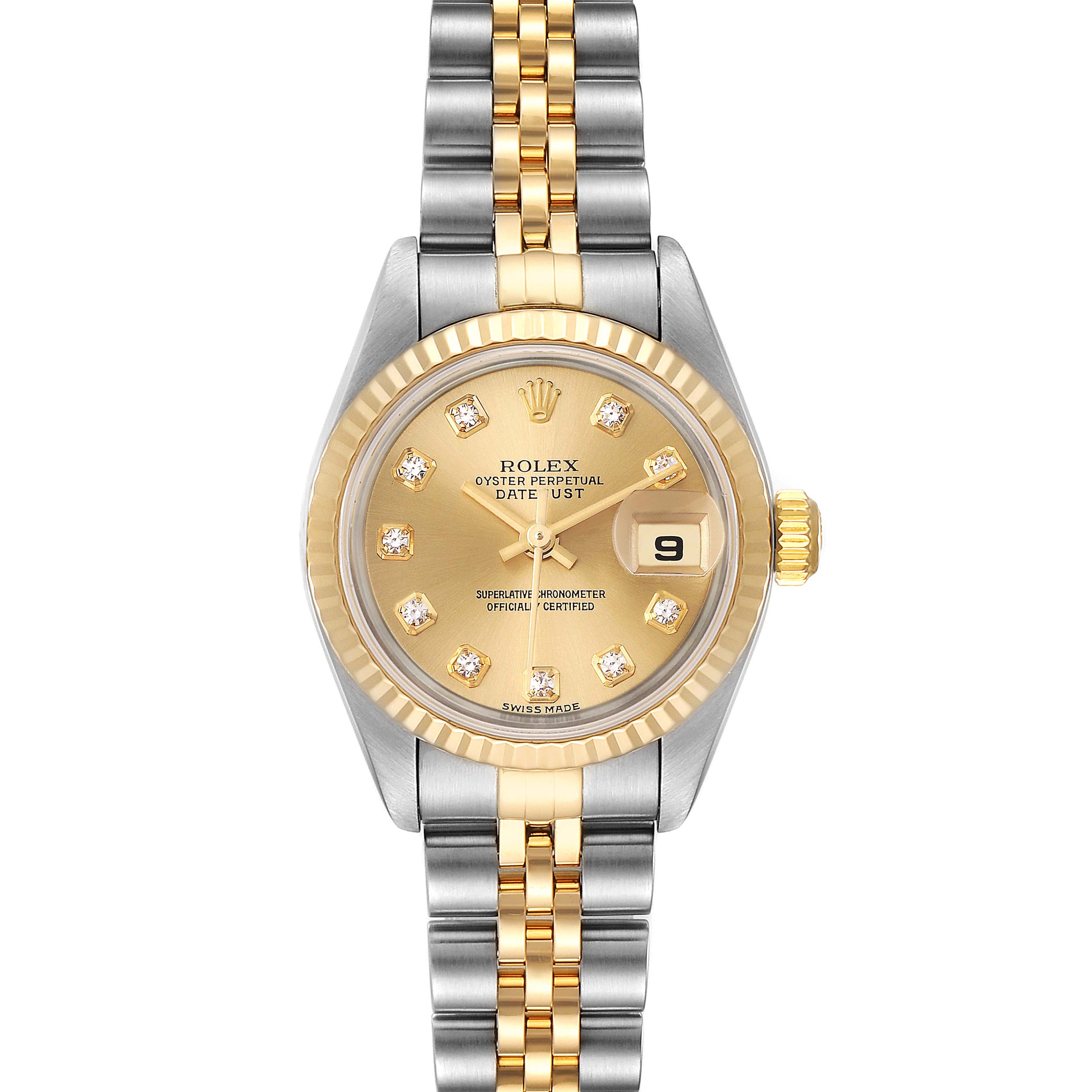 This image shows a front view of a Rolex Datejust 79173 Women's Steel and Gold (two tone) Champagne Dial 79173 Women's Steel and Gold (two tone) Champagne Dial watch with a gold dial, date display, diamond hour markers, and a two-tone bracelet.