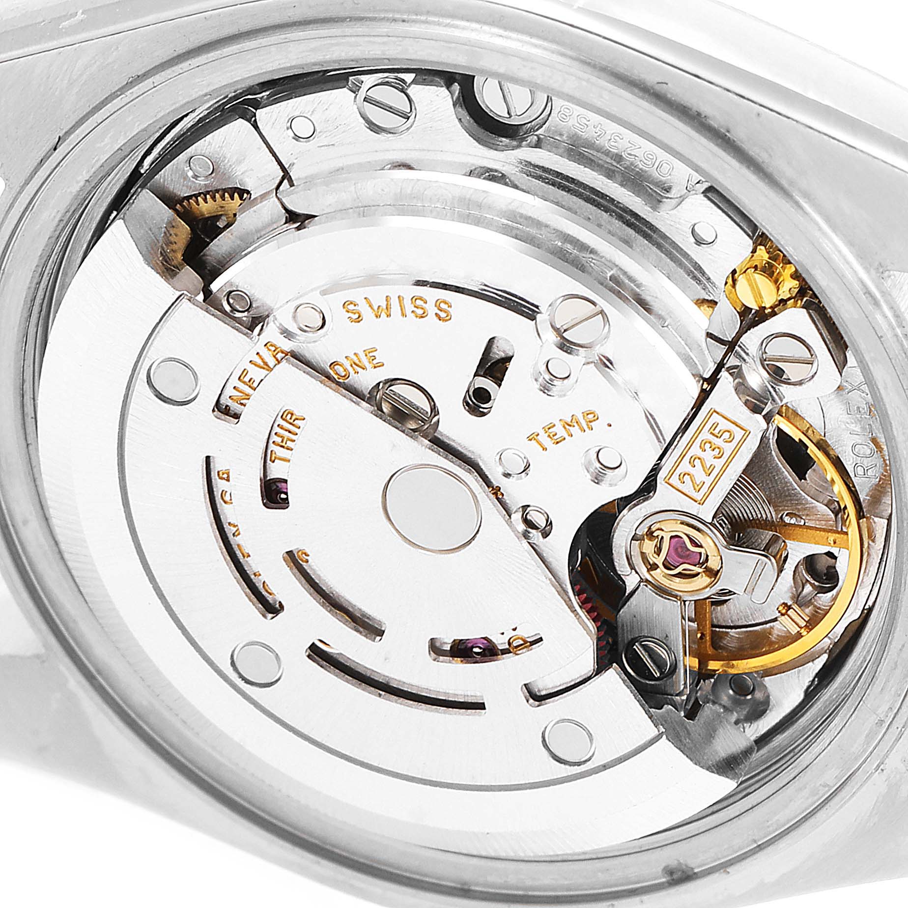 This image shows a close-up of the open case back, revealing the movement of a Rolex Datejust 79173 Women's Steel and Gold (two tone) Champagne Dial 79173 Women's Steel and Gold (two tone) Champagne Dial watch.