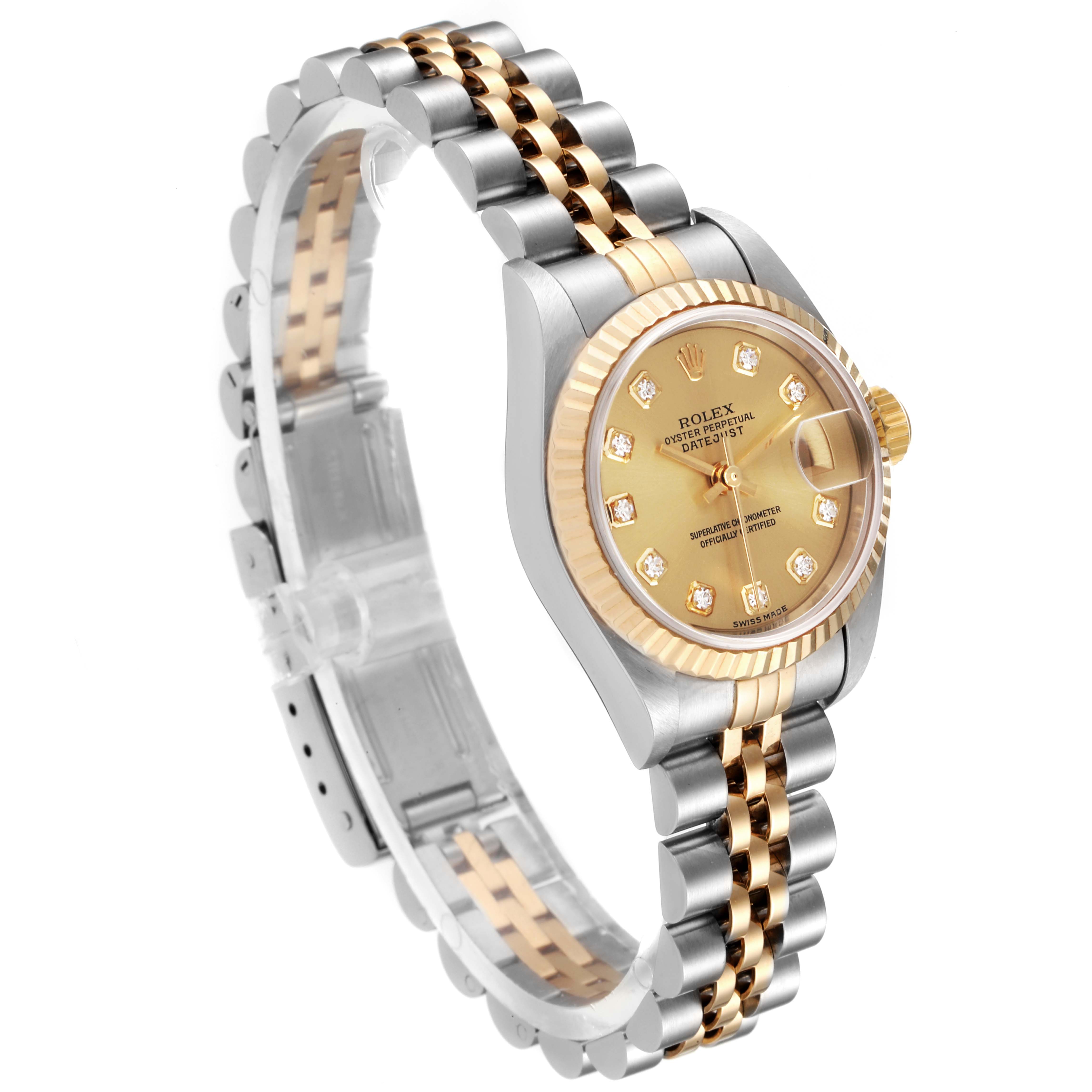 The image shows a Rolex Datejust 79173 Women's Steel and Gold (two tone) Champagne Dial 79173 Women's Steel and Gold (two tone) Champagne Dial watch from an angled side view, displaying the face, bezel, and two-tone bracelet.