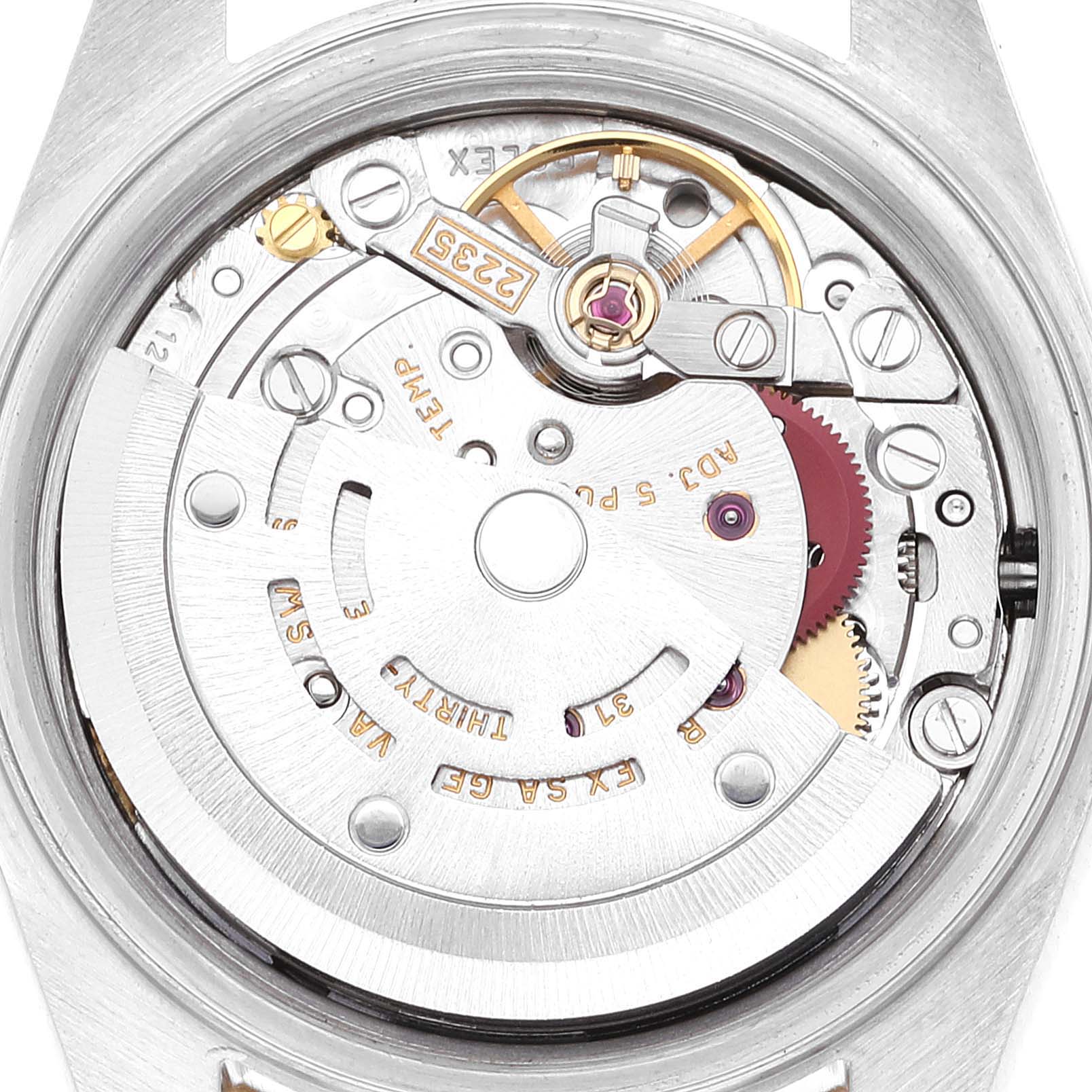 This image shows the internal mechanism and movement parts of a Rolex Datejust 79173 Women's Steel and Gold (two tone) Champagne Dial 79173 Women's Steel and Gold (two tone) Champagne Dial watch from a back angle.