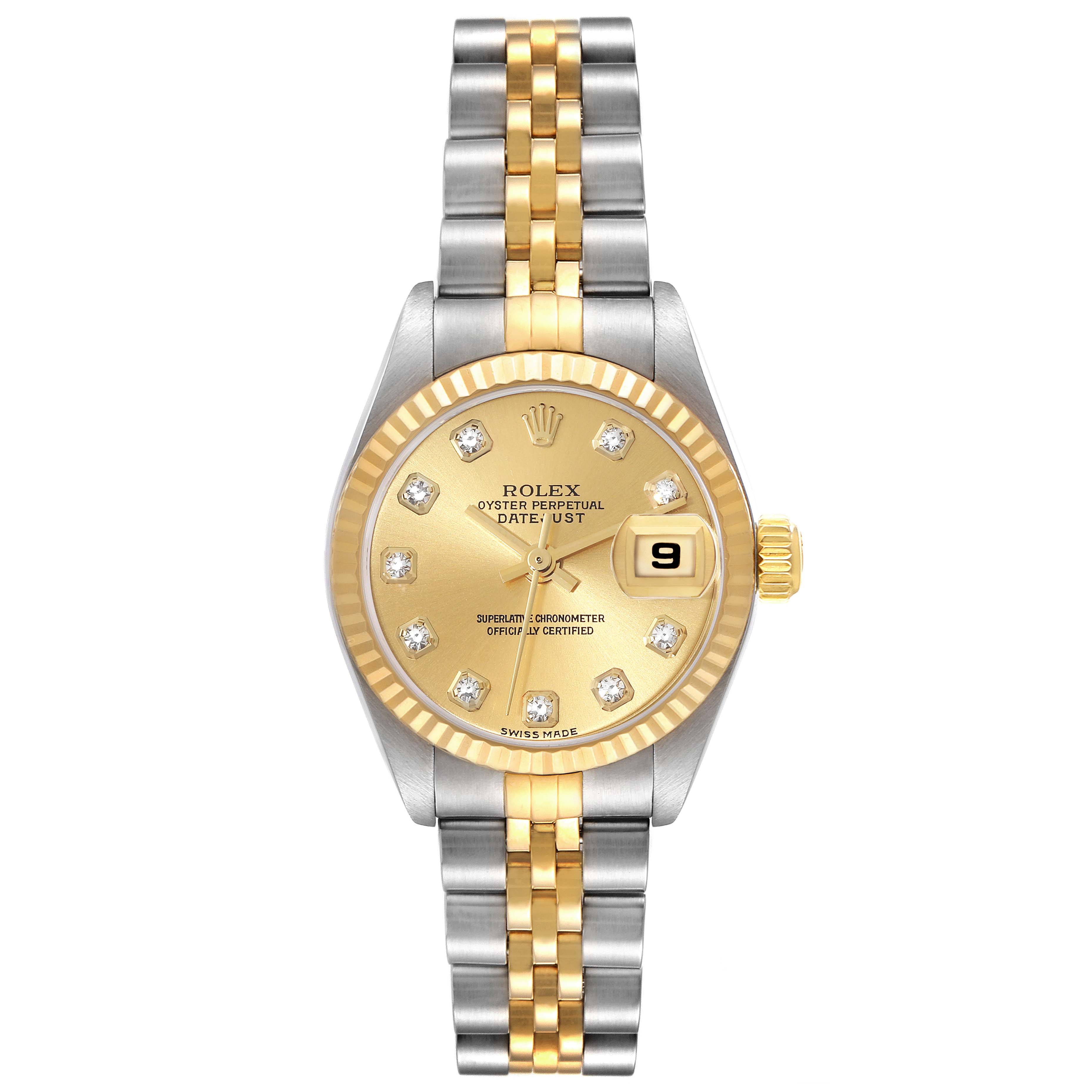 The image shows a front view of the Rolex Datejust 79173 Women's Steel and Gold (two tone) Champagne Dial 79173 Women's Steel and Gold (two tone) Champagne Dial watch with a gold and silver bracelet, diamond hour markers, and a date window.