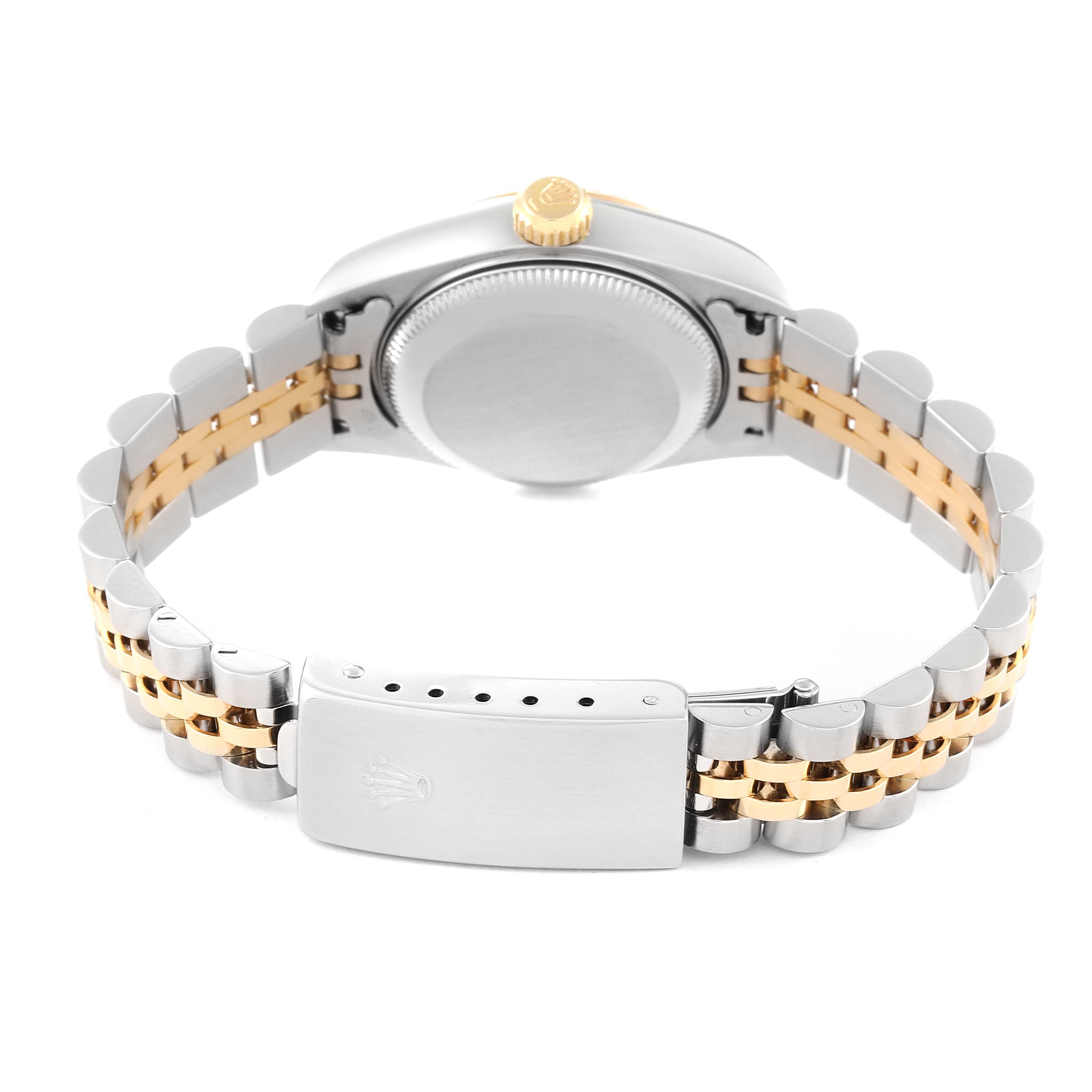 This image shows the back view of a Rolex Datejust 79173 Women's Steel and Gold (two tone) Champagne Dial 79173 Women's Steel and Gold (two tone) Champagne Dial watch, highlighting the case back, crown, and two-tone bracelet with clasp.