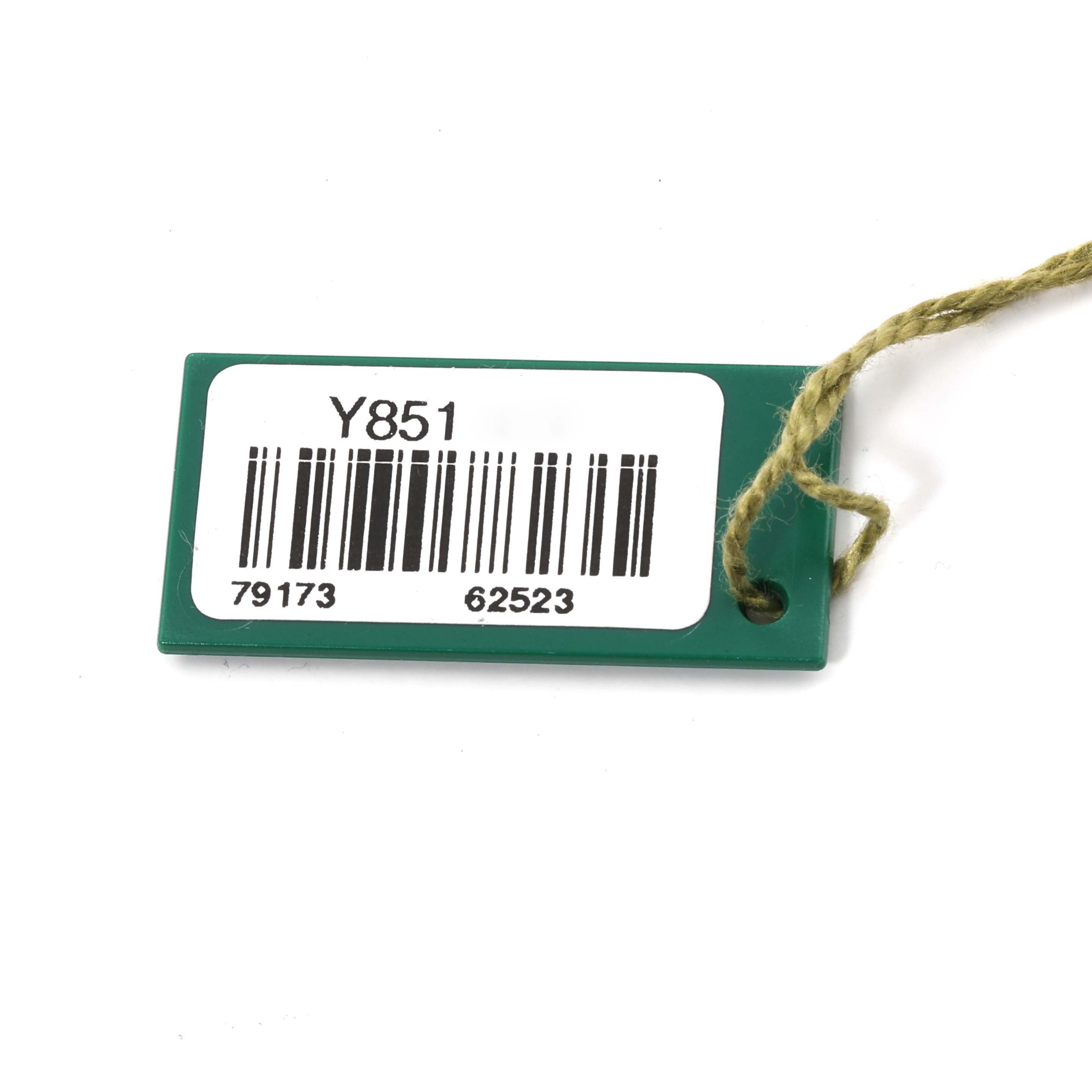 This image shows a green tag with a barcode and a string, part of the Rolex Datejust 79173 Women's Steel and Gold (two tone) Champagne Dial 79173 Women's Steel and Gold (two tone) Champagne Dial watch accessories.