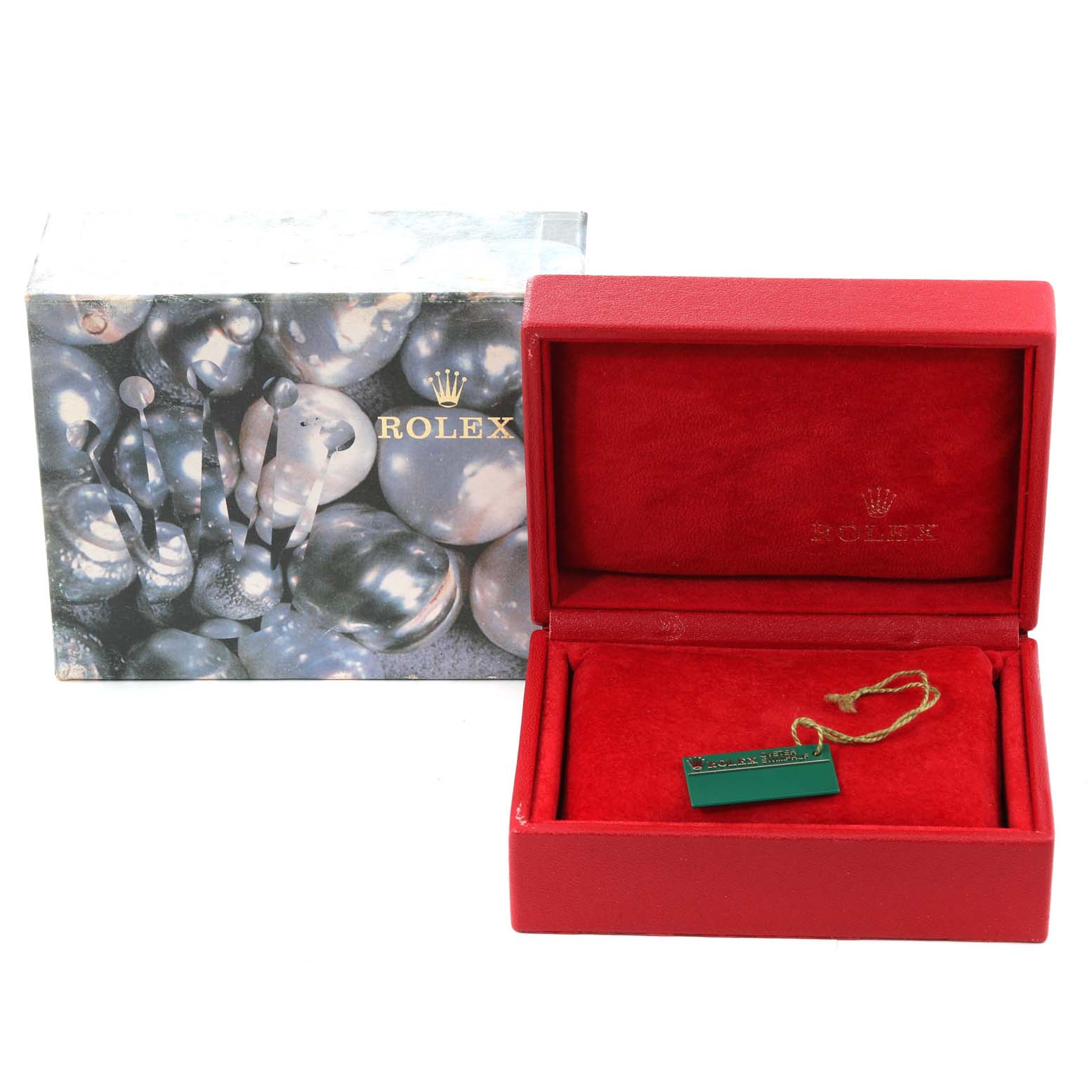 The image shows the opened red box and the outer packaging of a Rolex Datejust 79173 Women's Steel and Gold (two tone) Champagne Dial 79173 Women's Steel and Gold (two tone) Champagne Dial watch, with a green Rolex hang tag inside the box.