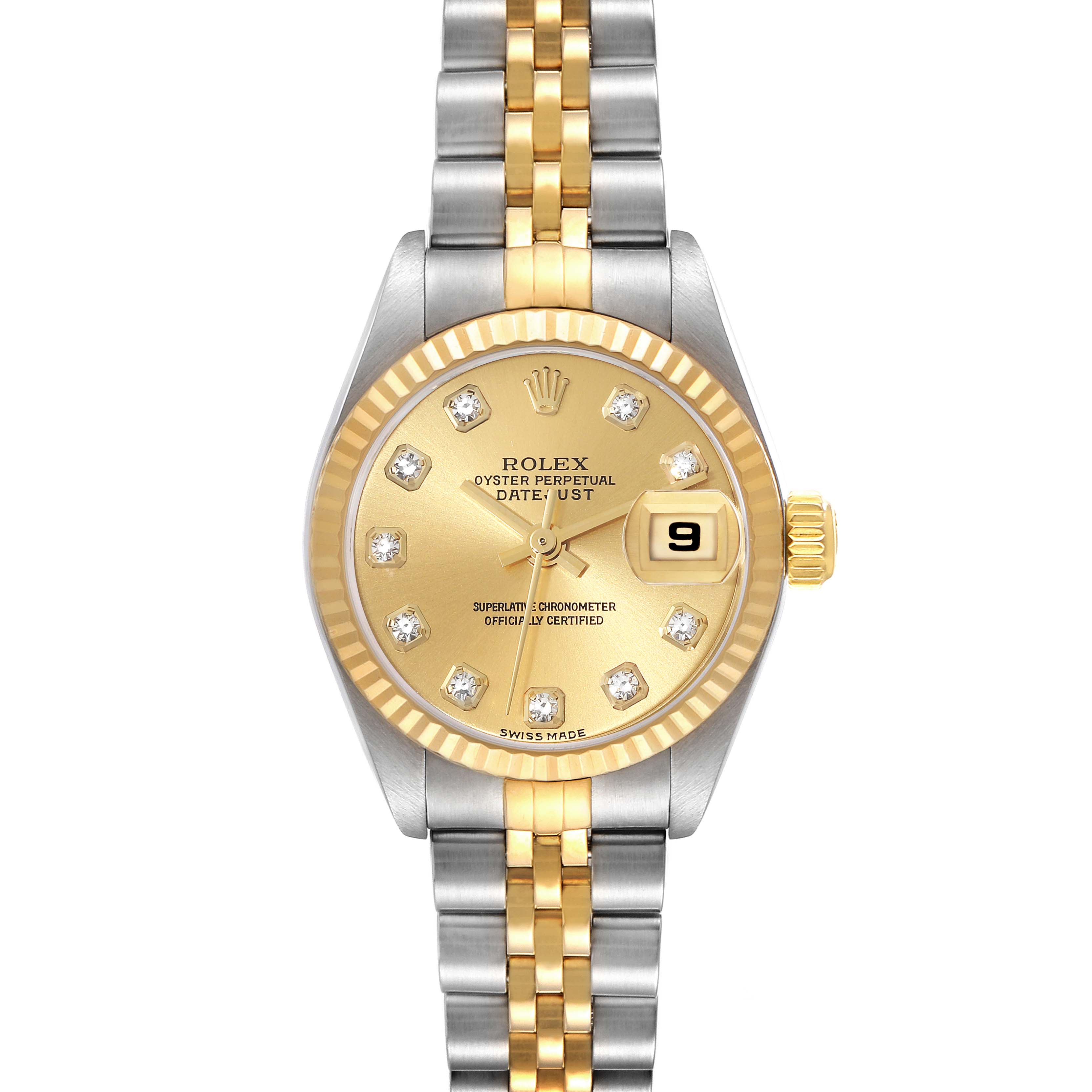 This image shows a front view of a Rolex Datejust 79173 Women's Steel and Gold (two tone) Champagne Dial 79173 Women's Steel and Gold (two tone) Champagne Dial watch with a gold dial, diamond hour markers, and a two-tone bracelet.
