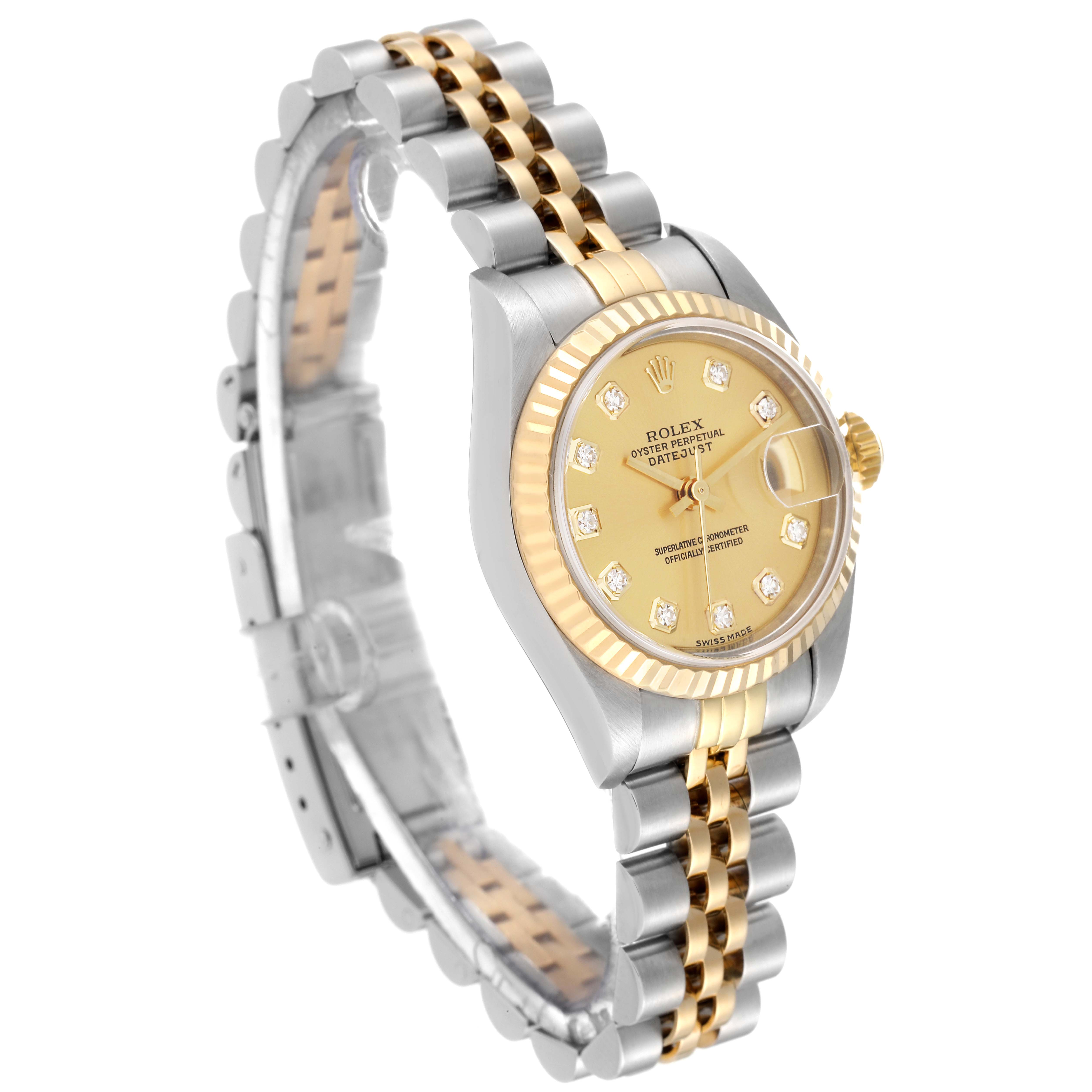 The Rolex Datejust 79173 Women's Steel and Gold (two tone) Champagne Dial 79173 Women's Steel and Gold (two tone) Champagne Dial watch is shown at an angle displaying its gold and silver bracelet, gold dial, and fluted bezel.