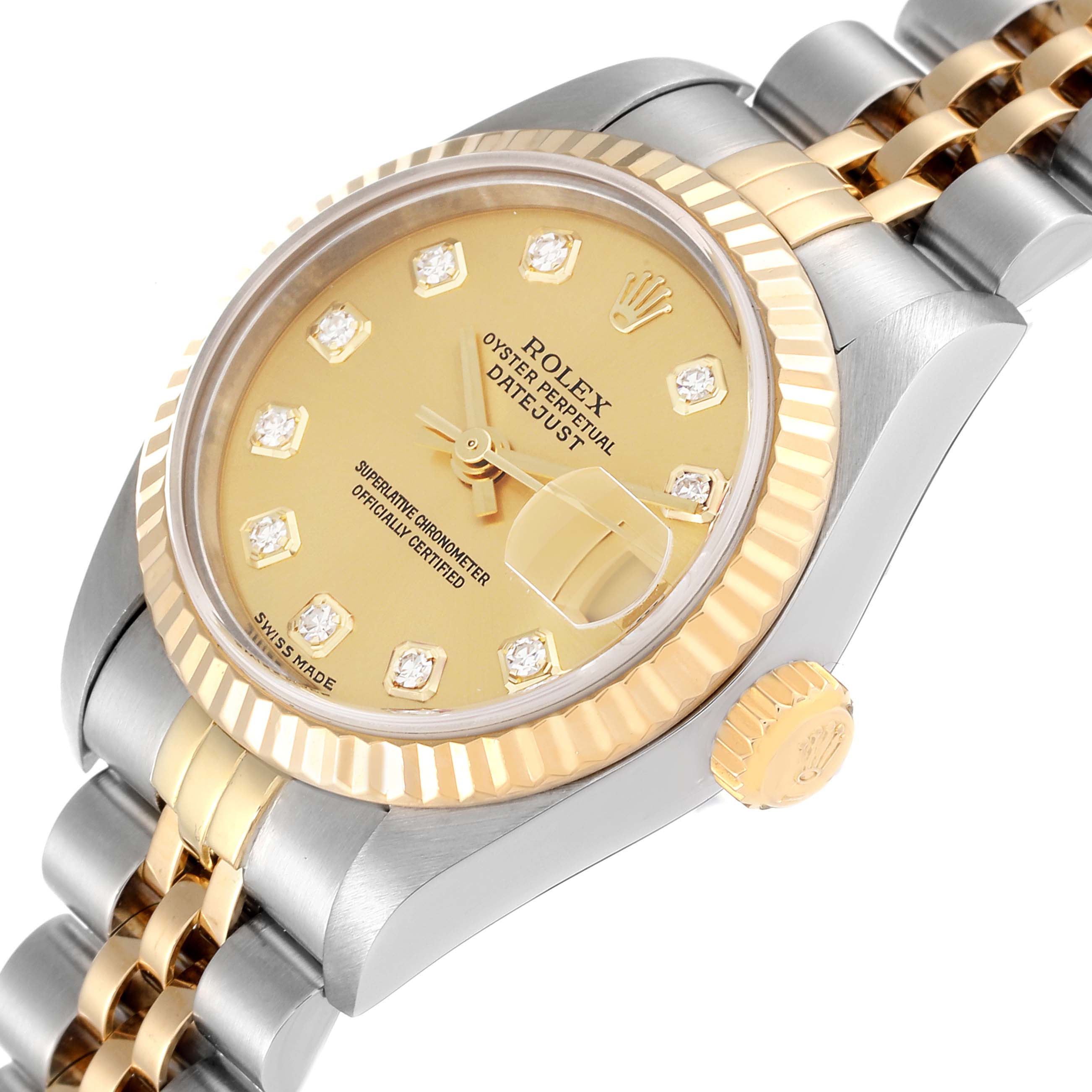 The image shows a close-up of a Rolex Datejust 79173 Women's Steel and Gold (two tone) Champagne Dial 79173 Women's Steel and Gold (two tone) Champagne Dial watch, highlighting the dial, bezel, crown, and part of the bracelet at an angled top view.