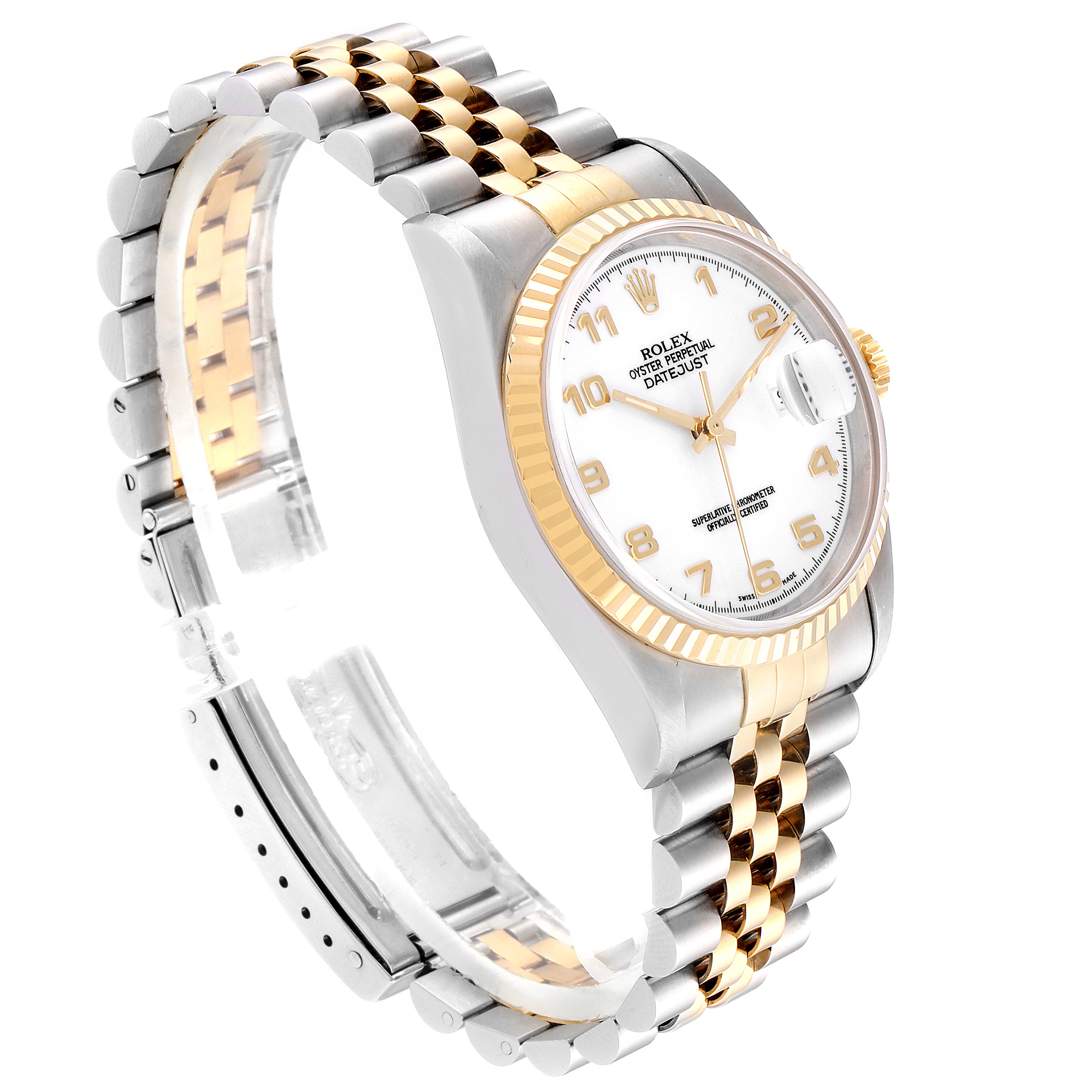The image shows a side angle of a Rolex Datejust 16233 Men's Steel and Gold (two tone) White Dial 16233 Men's Steel and Gold (two tone) White Dial watch, highlighting its two-tone bracelet, fluted bezel, and dial.