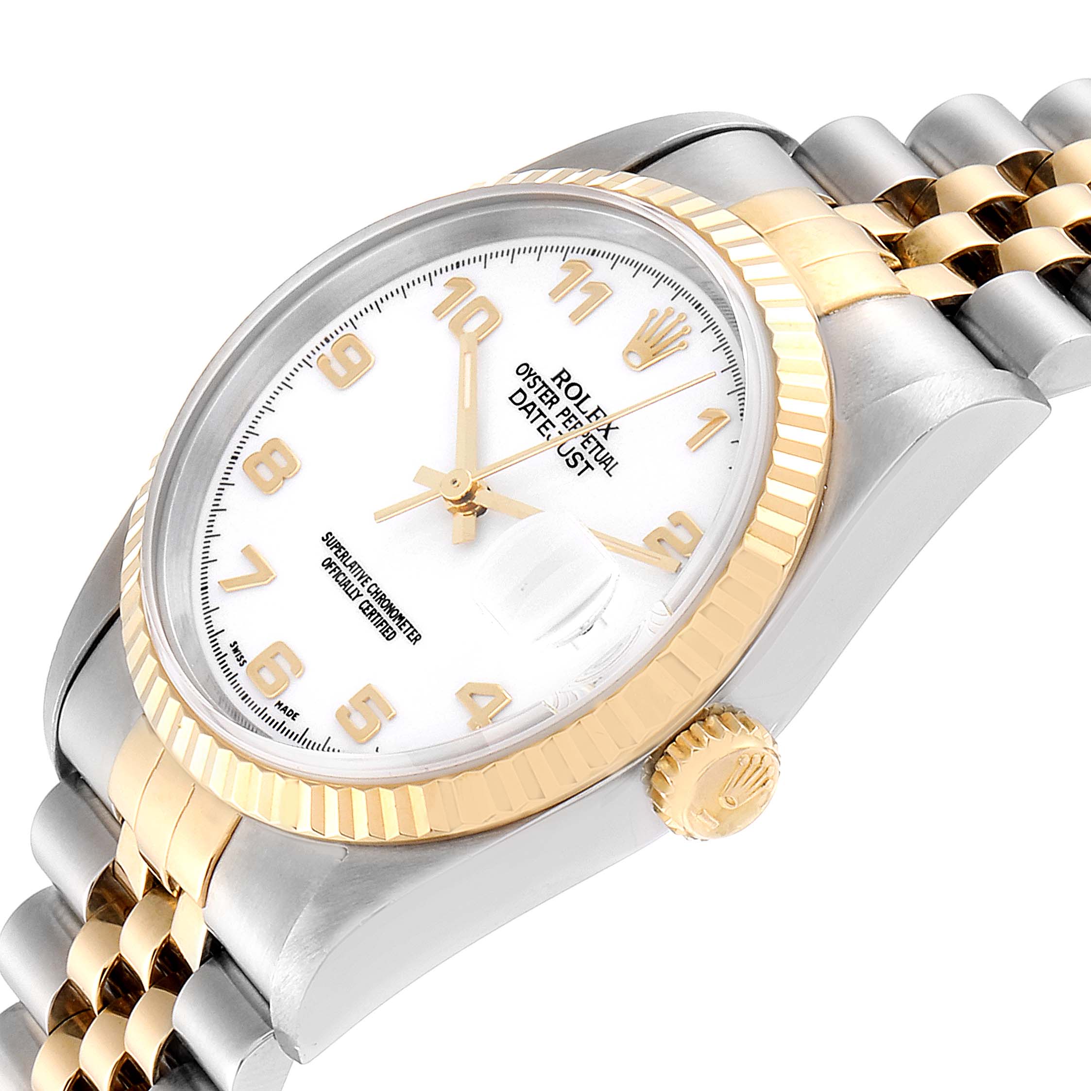 The Rolex Datejust 16233 Men's Steel and Gold (two tone) White Dial 16233 Men's Steel and Gold (two tone) White Dial watch is shown at a slight angle, highlighting the dial, bezel, crown, and part of the bracelet.