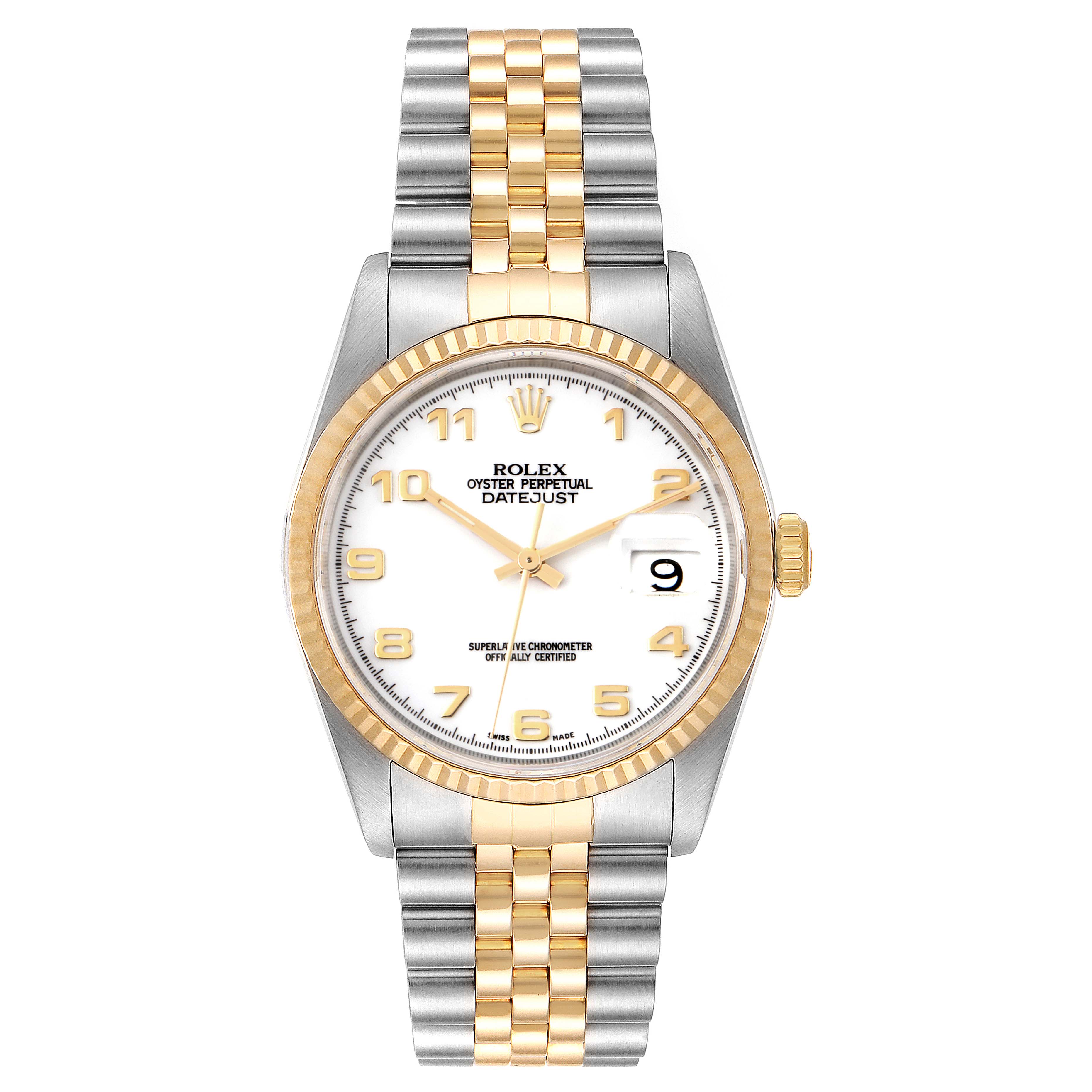 The image shows a front view of a Rolex Datejust 16233 Men's Steel and Gold (two tone) White Dial 16233 Men's Steel and Gold (two tone) White Dial watch, displaying the face, bezel, crown, and bracelet.
