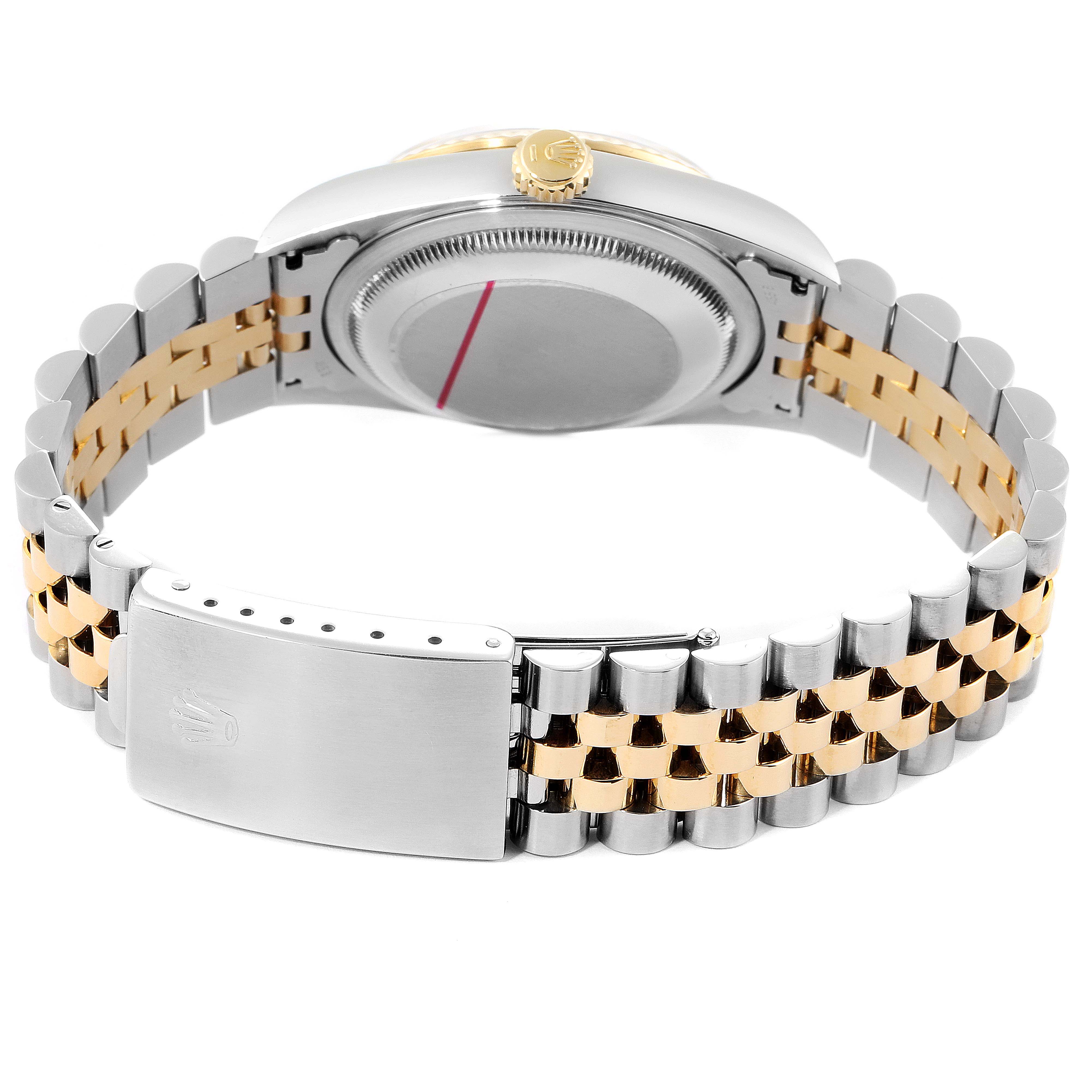 This image shows the back view of a Rolex Datejust 16233 Men's Steel and Gold (two tone) White Dial 16233 Men's Steel and Gold (two tone) White Dial watch, featuring the bracelet and clasp.