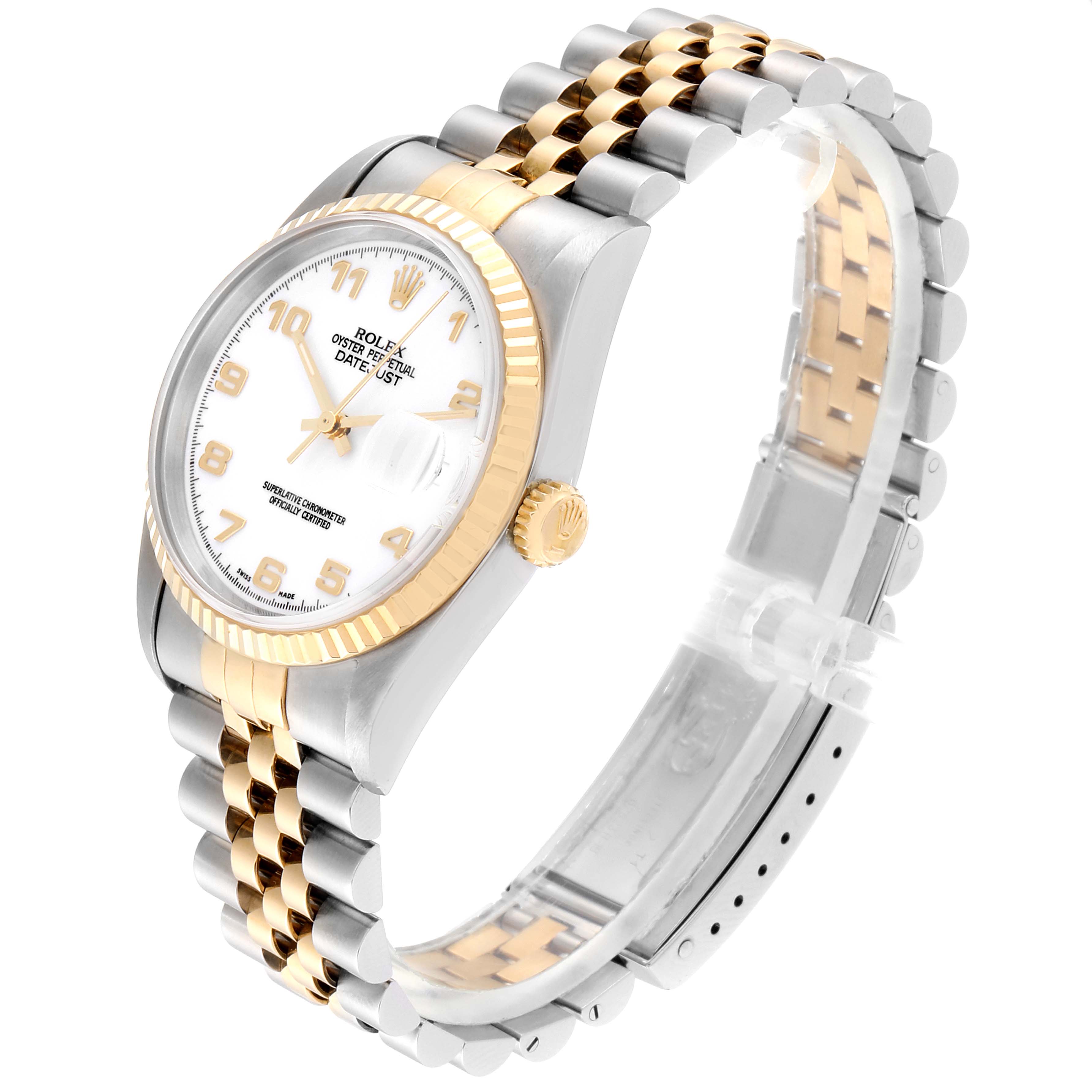 The Rolex Datejust 16233 Men's Steel and Gold (two tone) White Dial 16233 Men's Steel and Gold (two tone) White Dial watch is shown from an angled side view, highlighting the dial, bezel, crown, and two-tone bracelet.