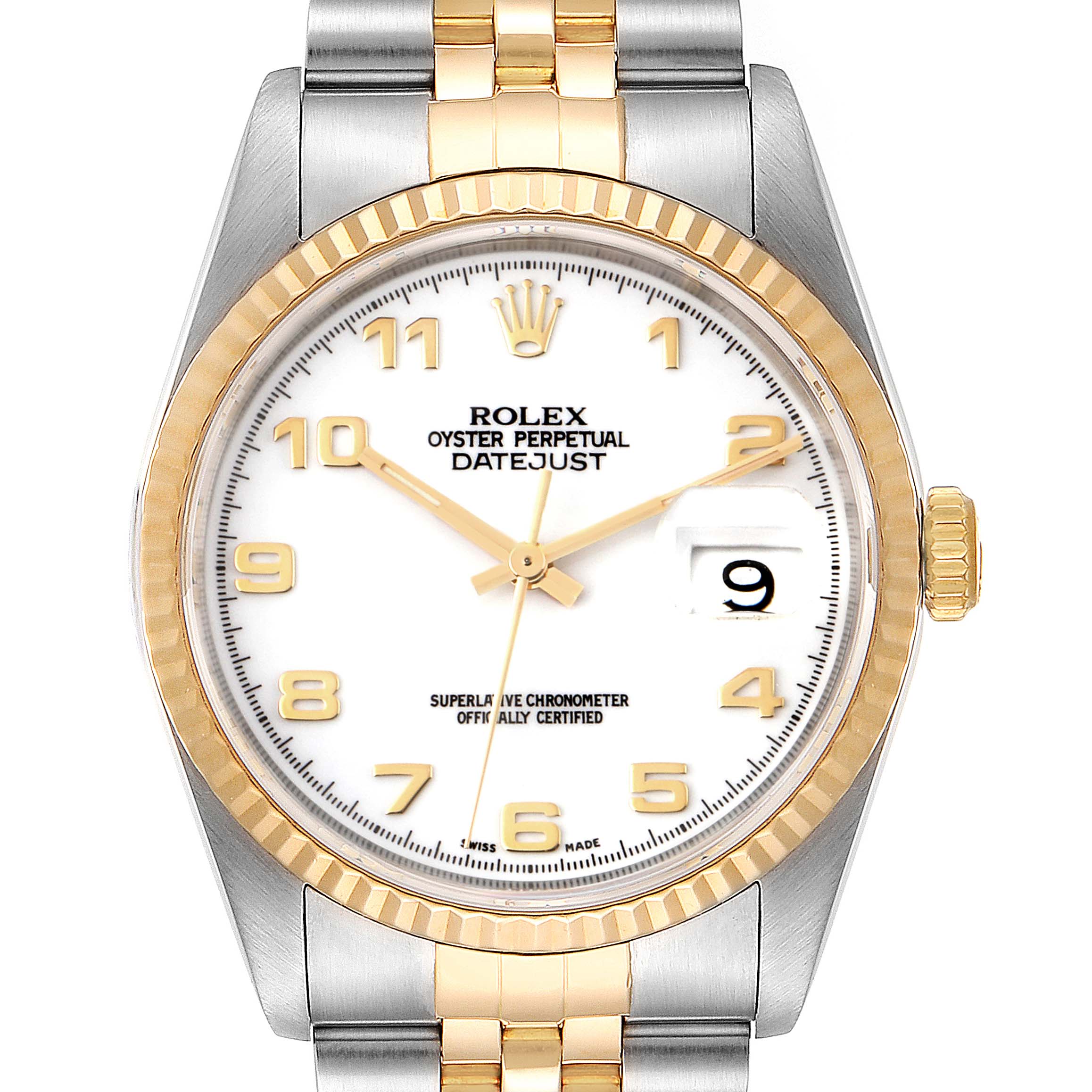 This image shows a front view of a Rolex Datejust 16233 Men's Steel and Gold (two tone) White Dial 16233 Men's Steel and Gold (two tone) White Dial watch displaying the dial, bezel, crown, and part of the bracelet.