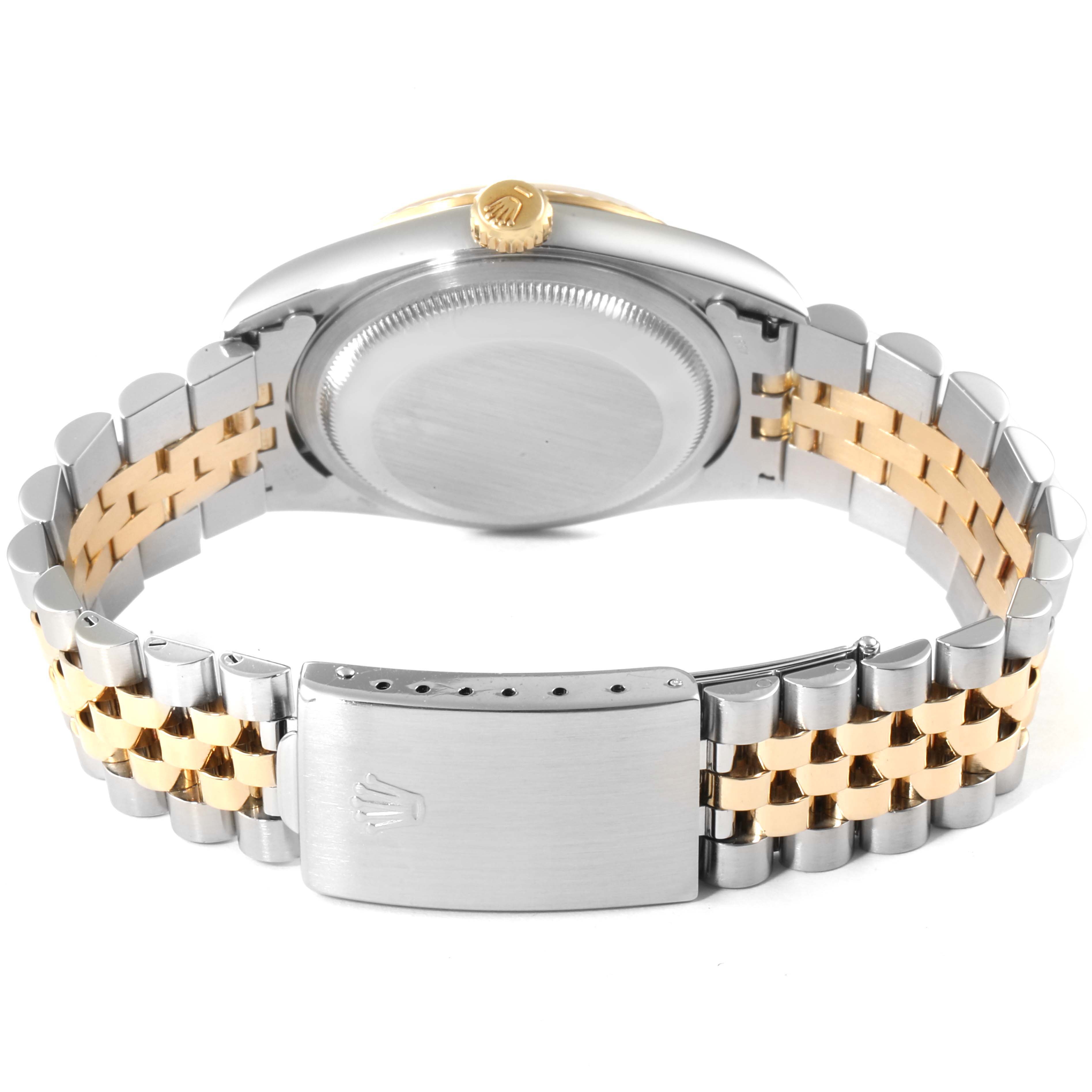This image shows the back view of a Rolex Datejust 16233 Men's Steel and Gold (two tone) White Dial 16233 Men's Steel and Gold (two tone) White Dial watch, highlighting the bracelet and clasp.