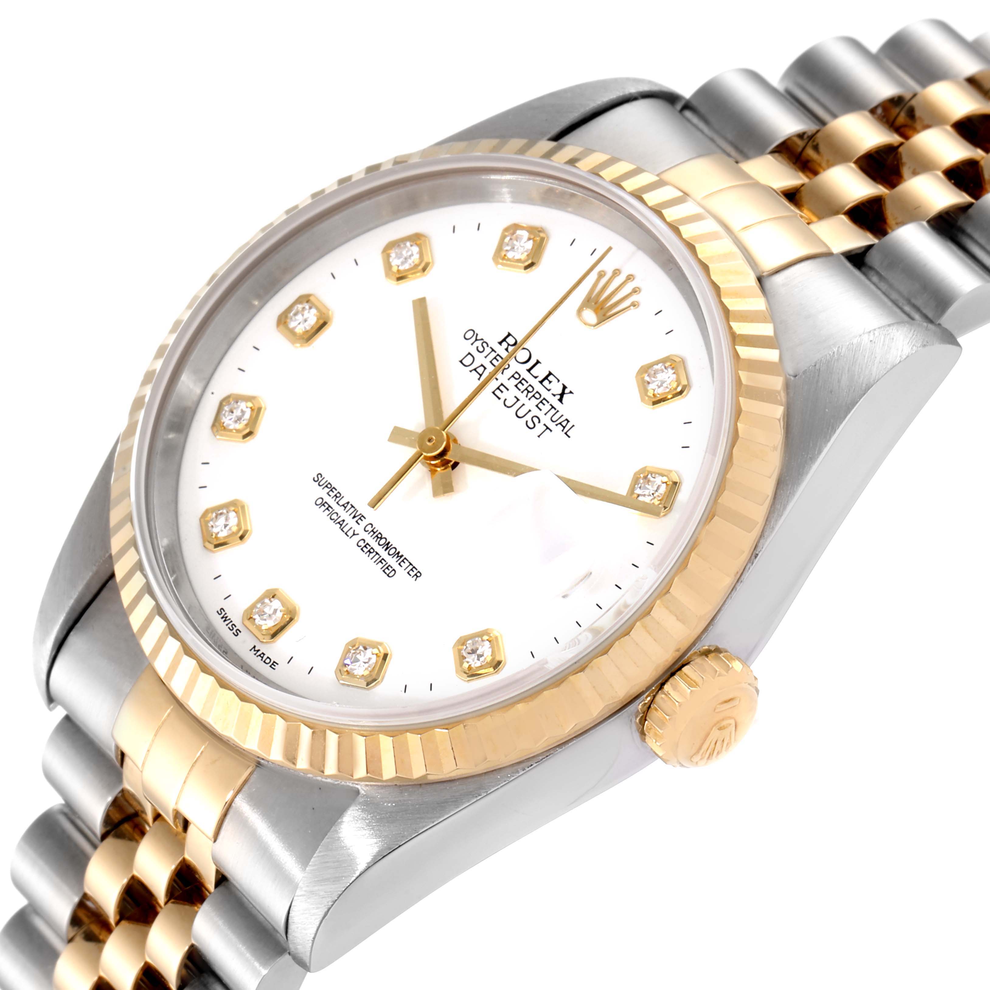 The Rolex Datejust 16233 Men's Steel and Gold (two tone) White Dial 16233 Men's Steel and Gold (two tone) White Dial watch is shown at an angled close-up, displaying the dial, bezel, crown, and part of the bracelet.