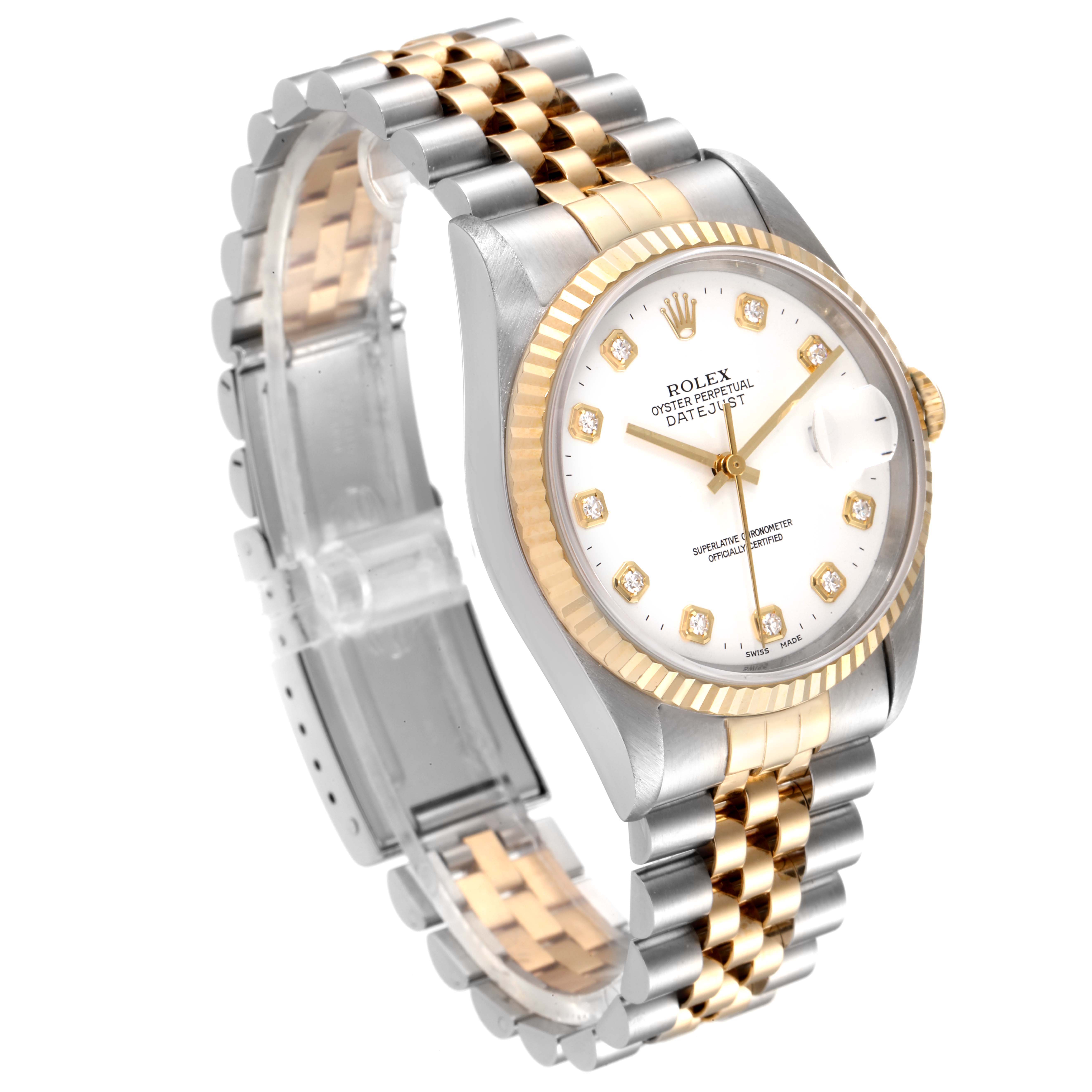 This Rolex Datejust 16233 Men's Steel and Gold (two tone) White Dial 16233 Men's Steel and Gold (two tone) White Dial watch is shown from a three-quarter angle, highlighting its face, fluted bezel, and two-tone bracelet.