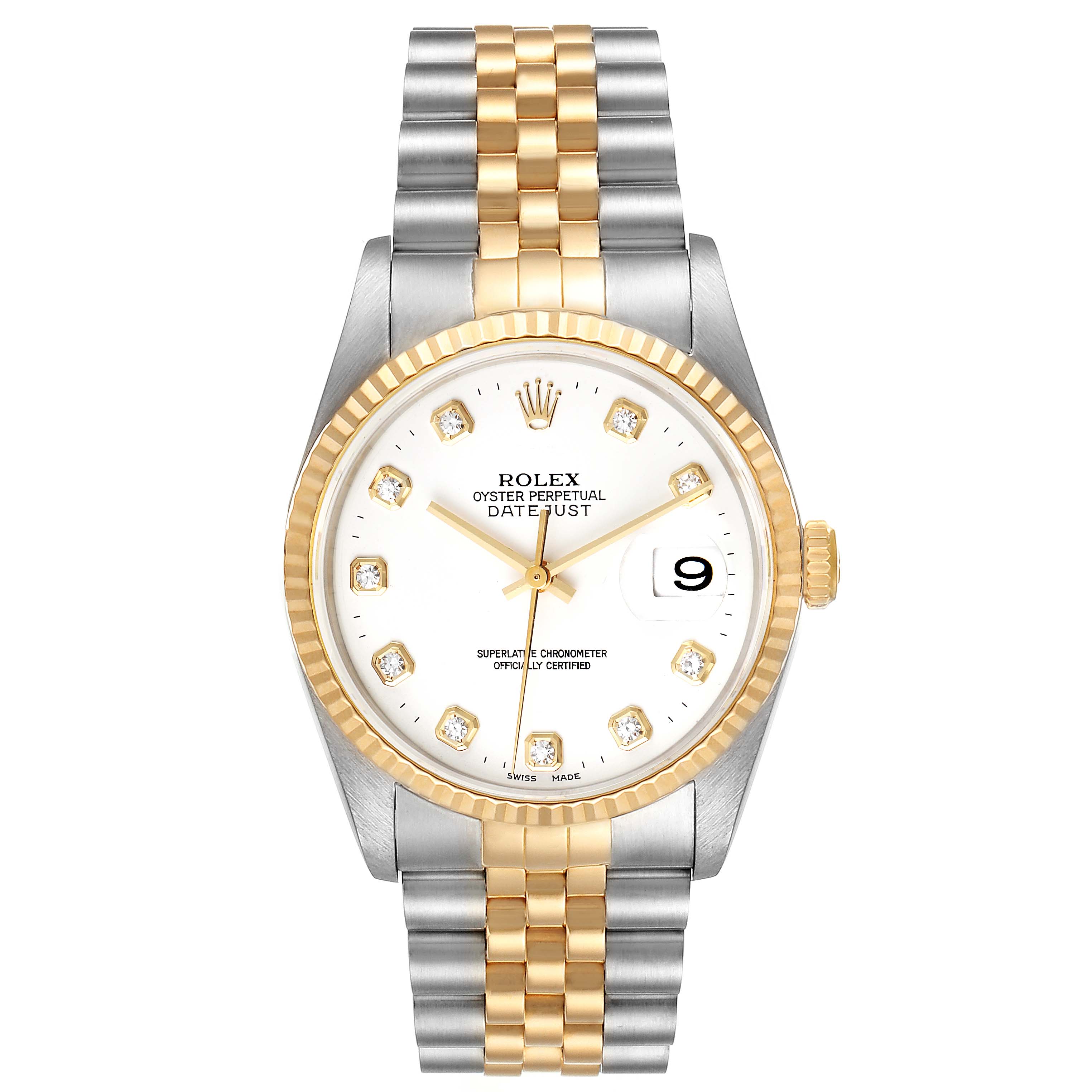 The image shows the front view of a Rolex Datejust 16233 Men's Steel and Gold (two tone) White Dial 16233 Men's Steel and Gold (two tone) White Dial watch, highlighting its dial, bezel, and bracelet.