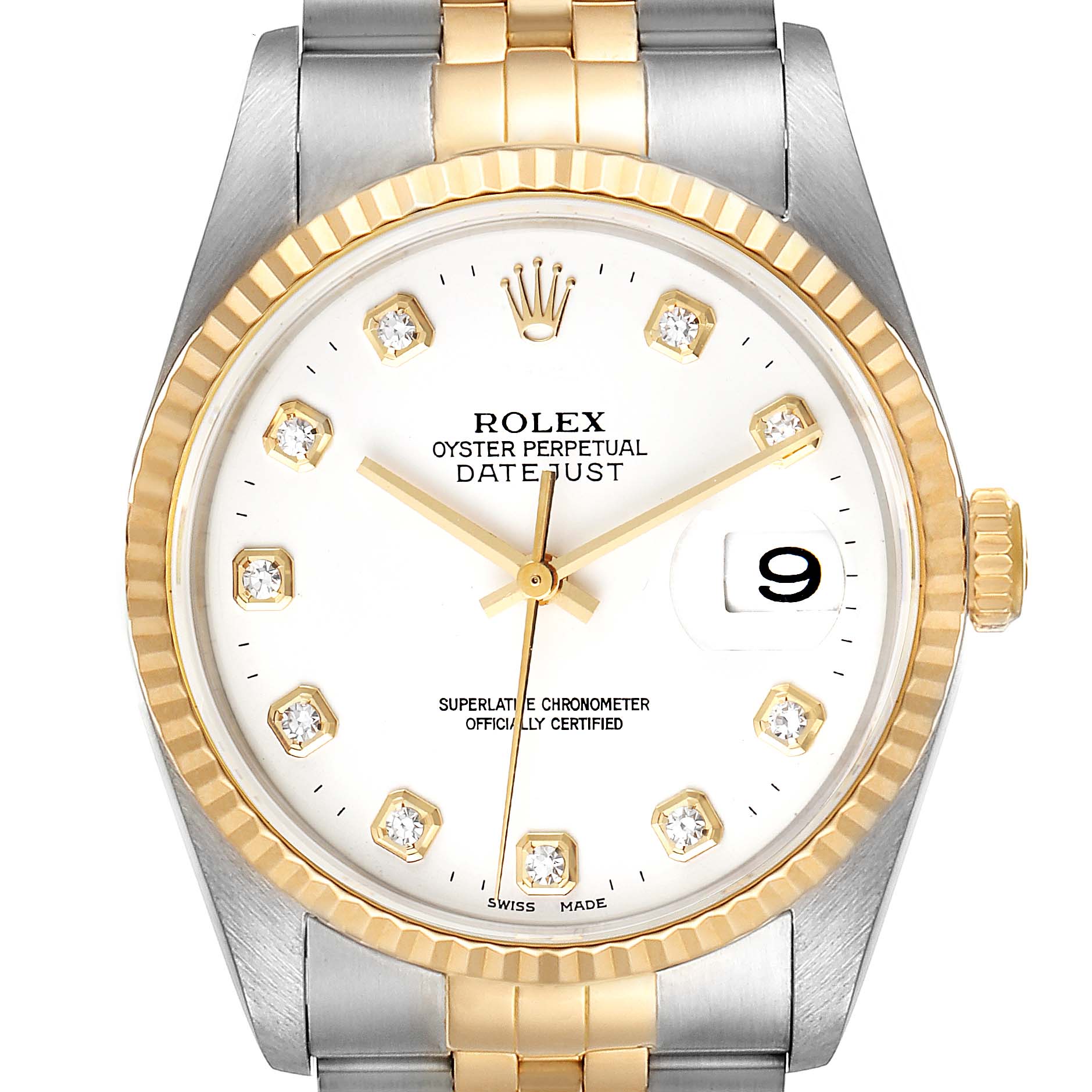 This is a front view of a Rolex Datejust 16233 Men's Steel and Gold (two tone) White Dial 16233 Men's Steel and Gold (two tone) White Dial watch showing the dial, hands, date window, and part of the bracelet and case.