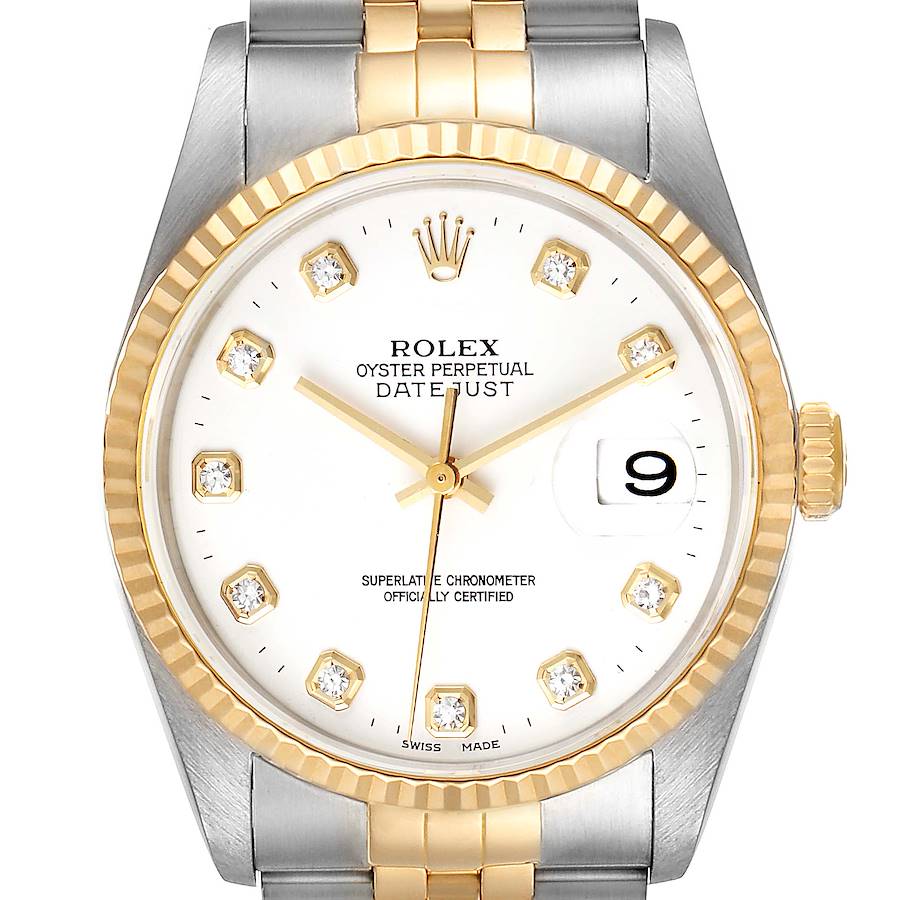 Rolex Datejust Steel Yellow Gold White Diamond Dial Mens Watch 16233 SwissWatchExpo