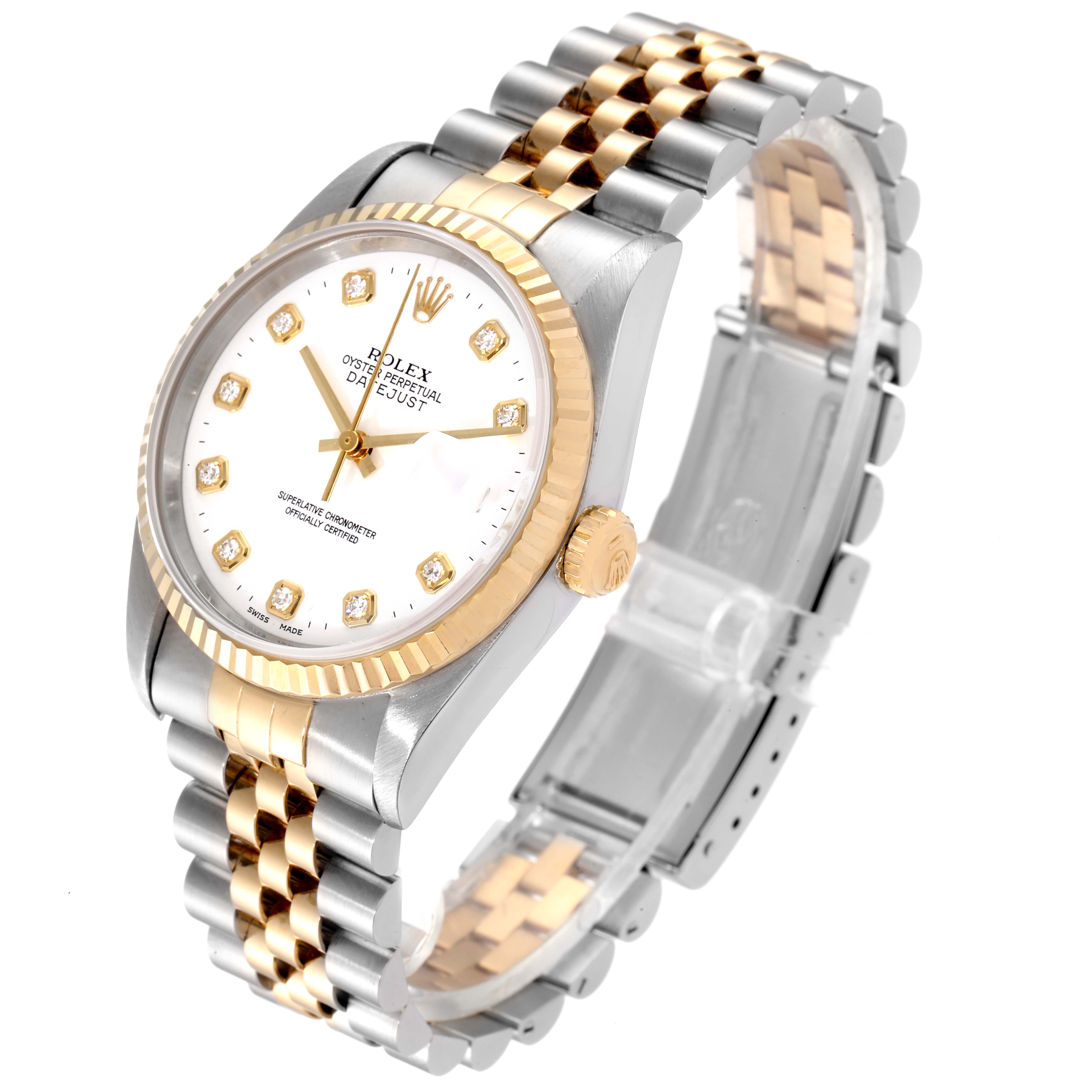 The image shows a Rolex Datejust 16233 Men's Steel and Gold (two tone) White Dial 16233 Men's Steel and Gold (two tone) White Dial watch at a three-quarter angle, highlighting the dial, bezel, case, and two-tone bracelet.