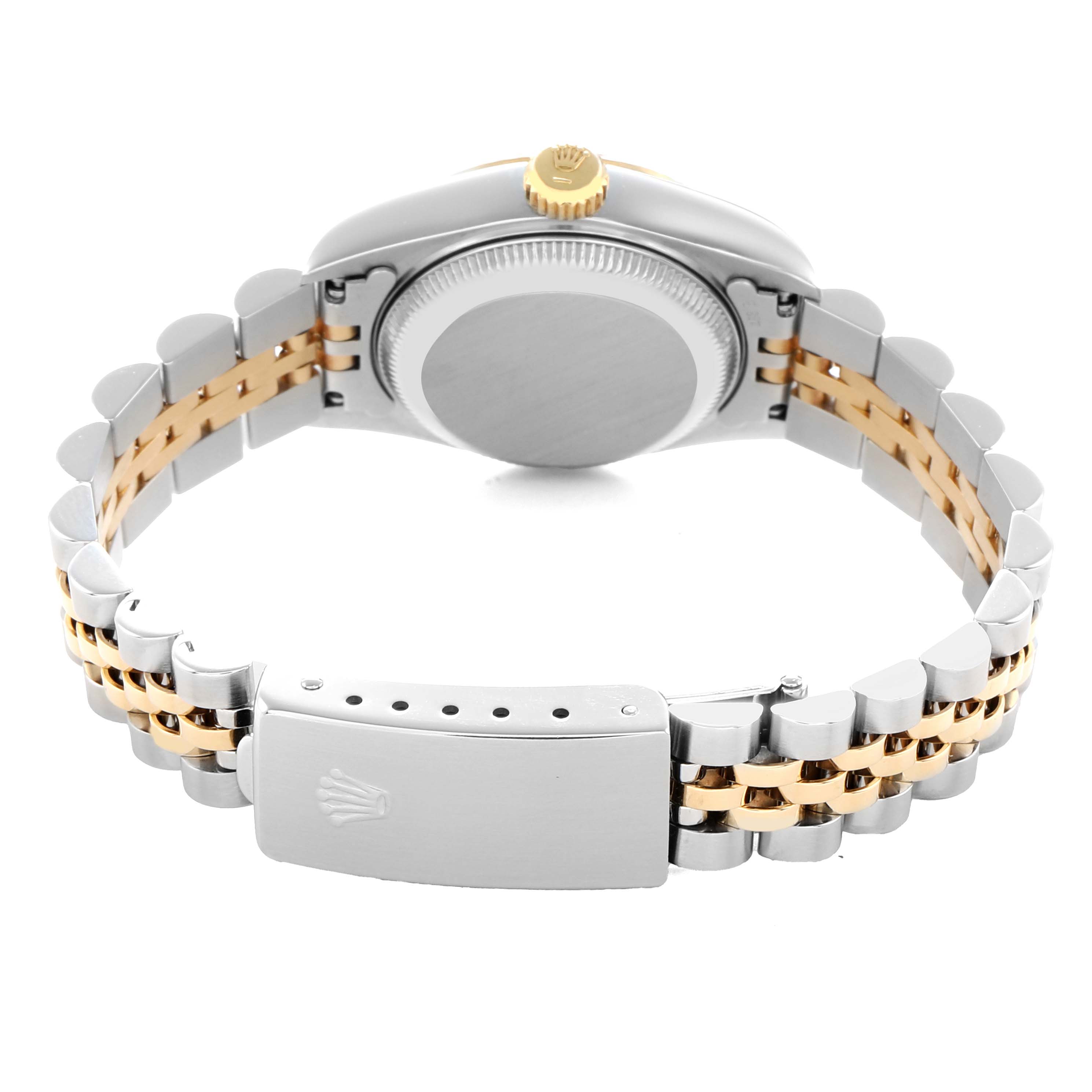 The image shows a backside angle of the Rolex Datejust 69173 Women
s Steel and Gold (two tone) White Dial, highlighting the clasp, bracelet, and case back.