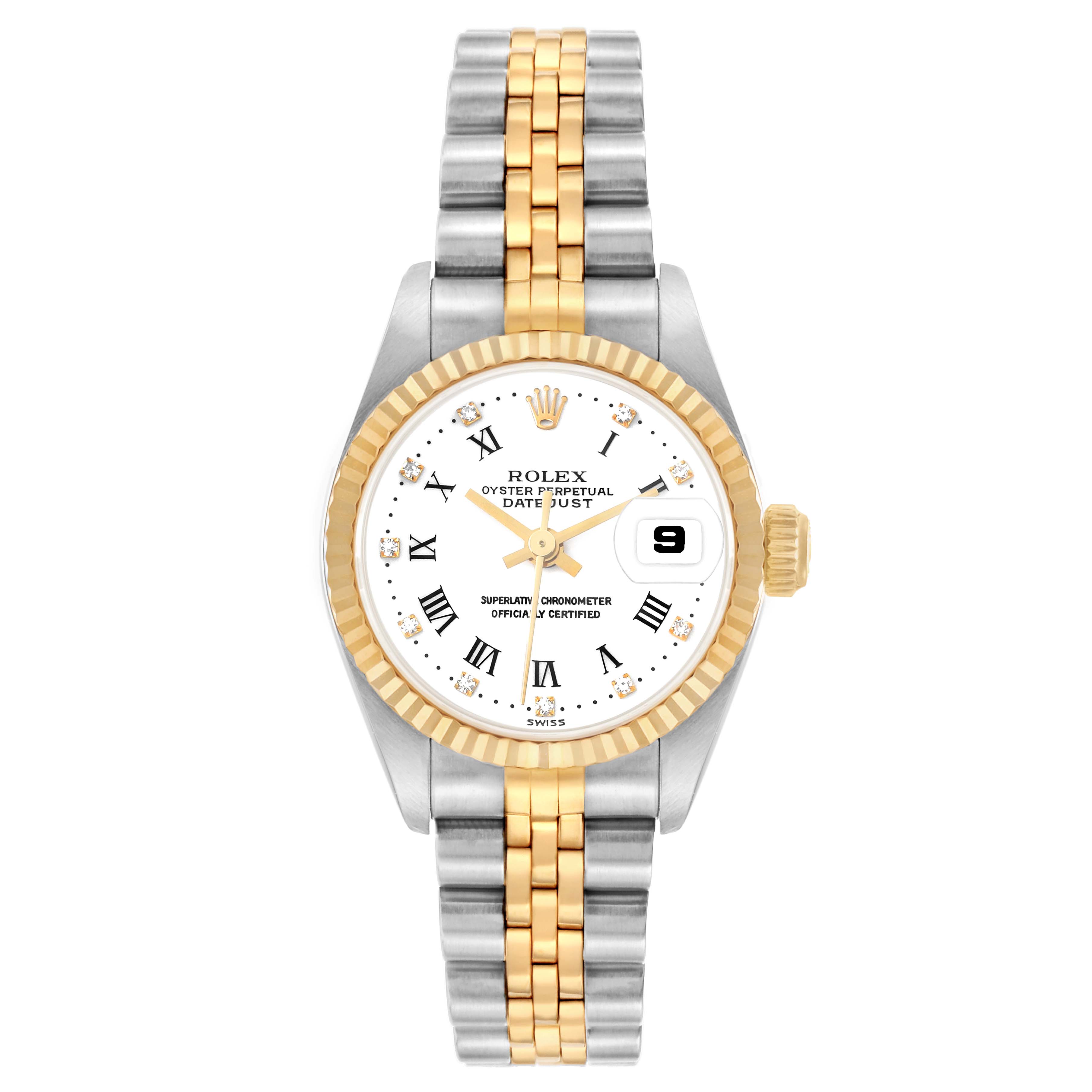 The Rolex Datejust 69173 Women
s Steel and Gold (two tone) White Dial is shown from a top view, displaying the dial, bezel, case, and two-tone bracelet.