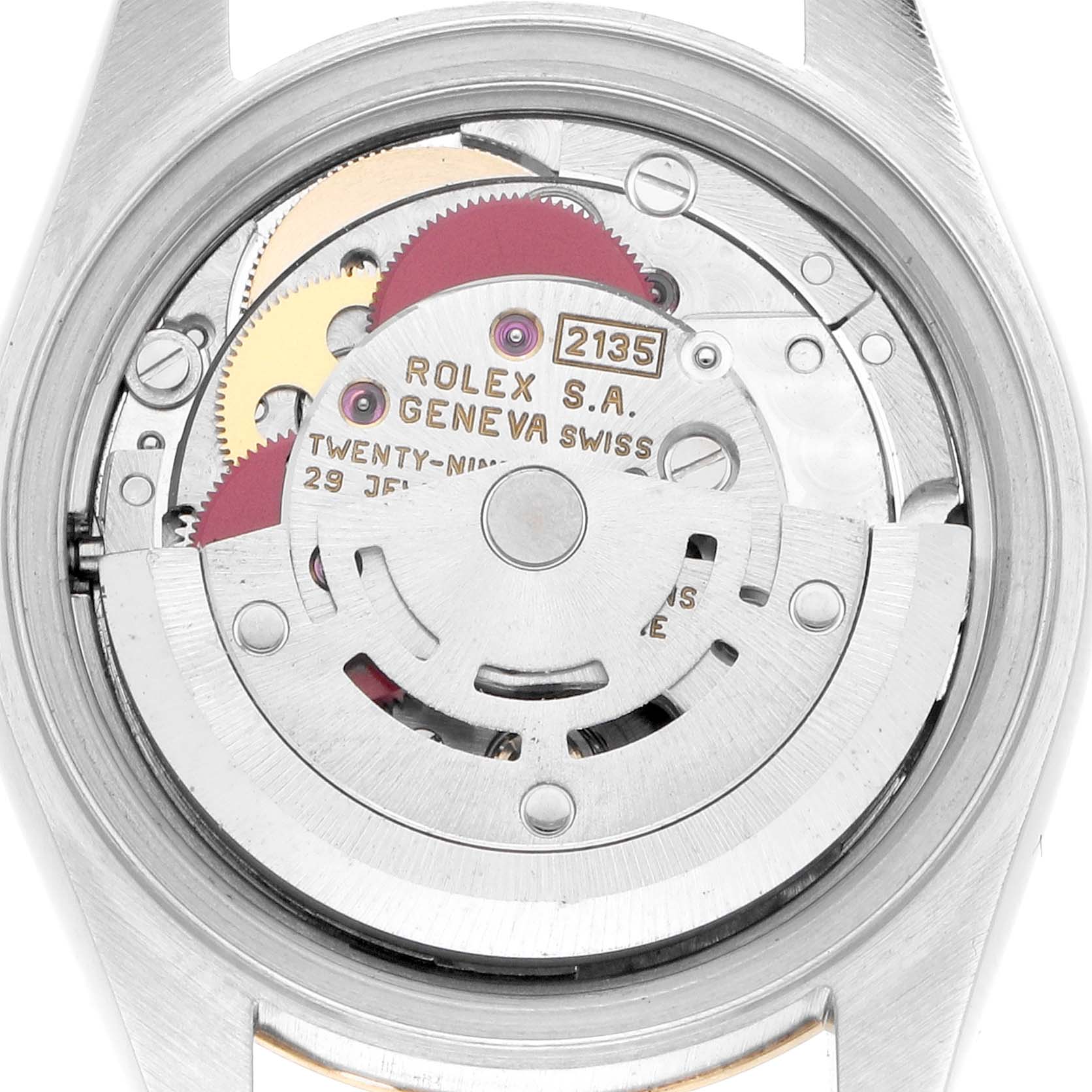 The image shows the open case back of a Rolex Datejust 69173 Women
s Steel and Gold (two tone) White Dial, revealing the internal movement components.