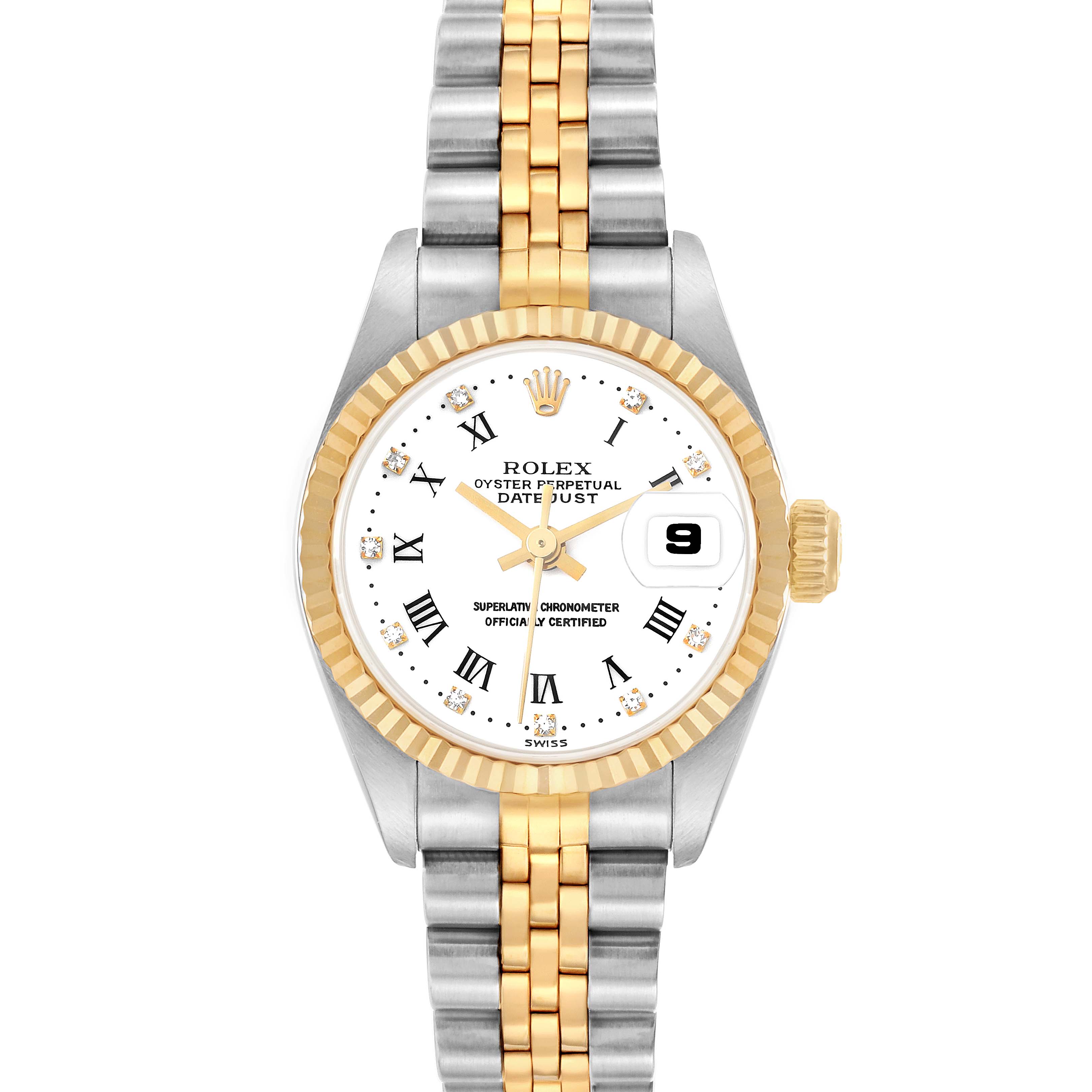 The Rolex Datejust 69173 Women
s Steel and Gold (two tone) White Dial watch is shown from a front view, displaying the dial, bezel, crown, and bracelet.