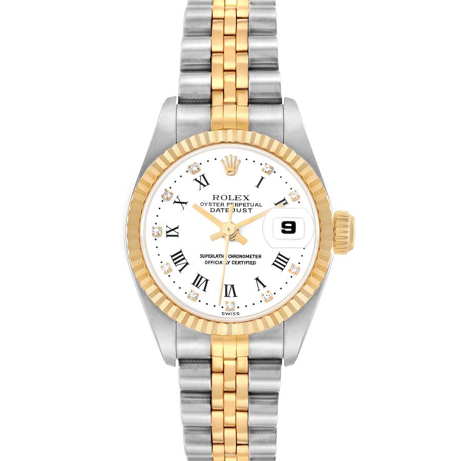 The Rolex Datejust 69173 Women's Steel and Gold (two tone) White Dial watch is shown from a front view, displaying the dial, bezel, crown, and bracelet.