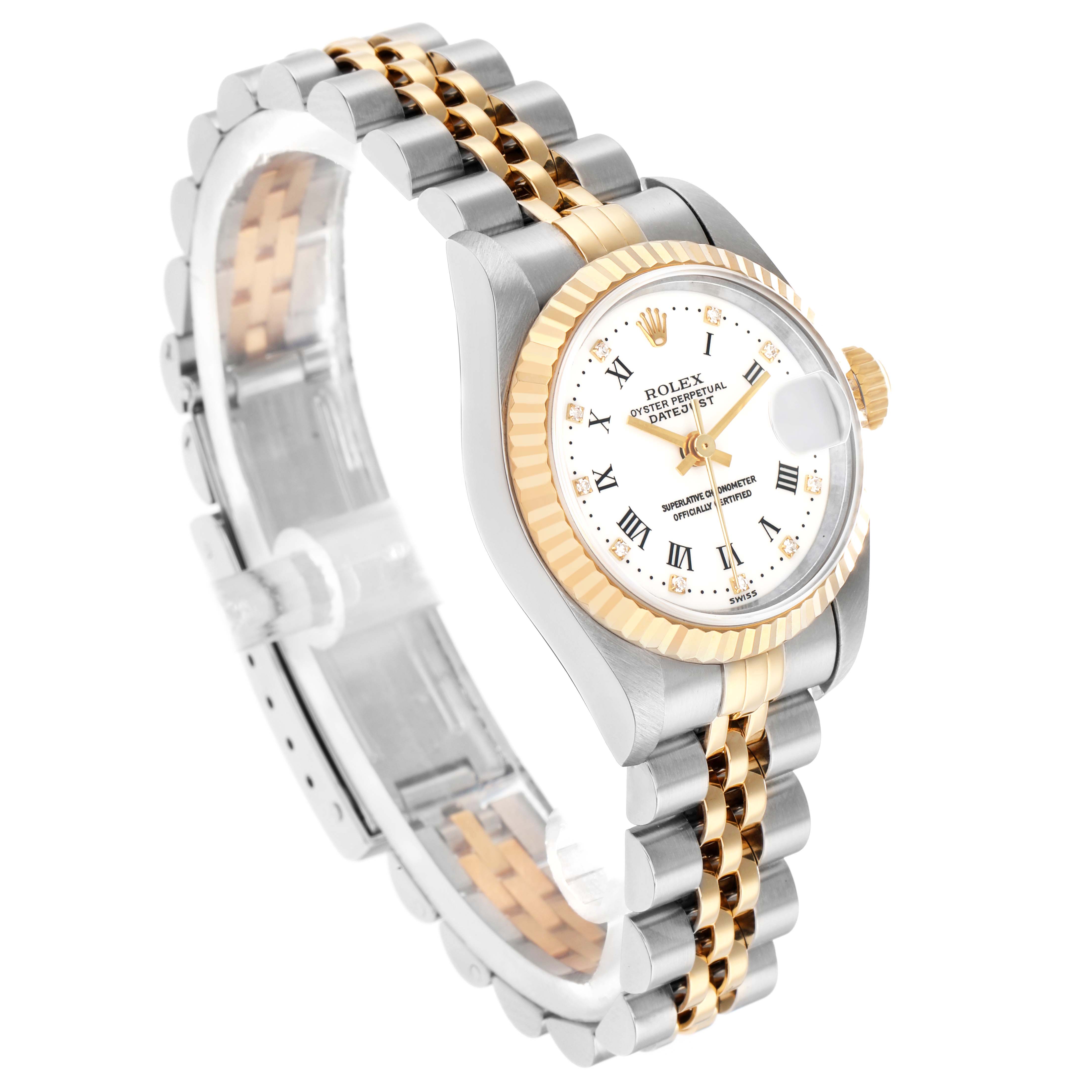 The Rolex Datejust 69173 Women
s Steel and Gold (two tone) White Dial watch is shown at a three-quarter angle, highlighting the bezel, dial, and bracelet.