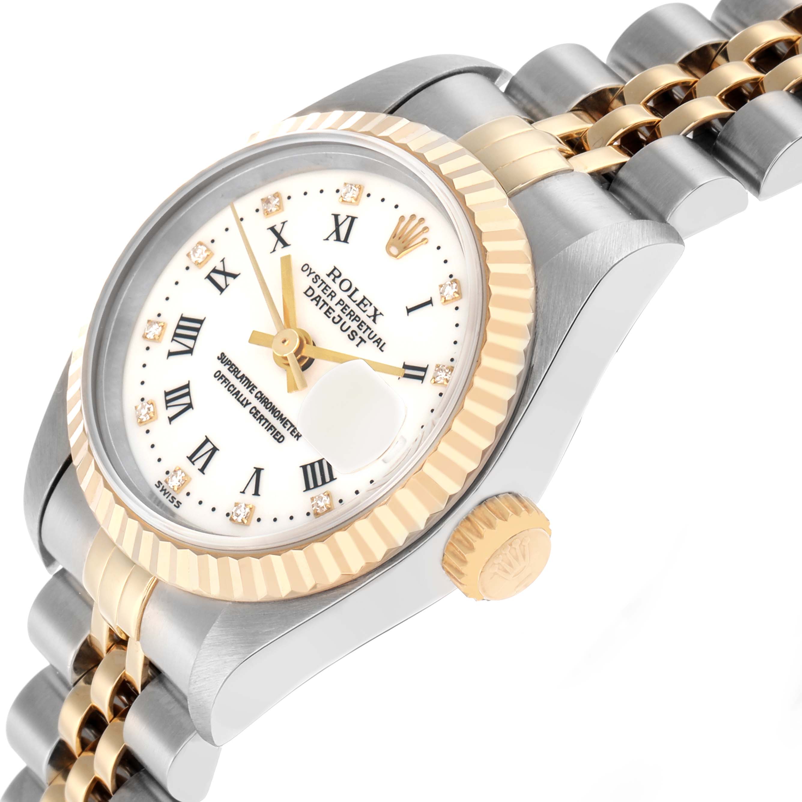 The Rolex Datejust 69173 Women
s Steel and Gold (two tone) White Dial watch is shown at an angled side view highlighting the face, bezel, crown, and part of the bracelet.