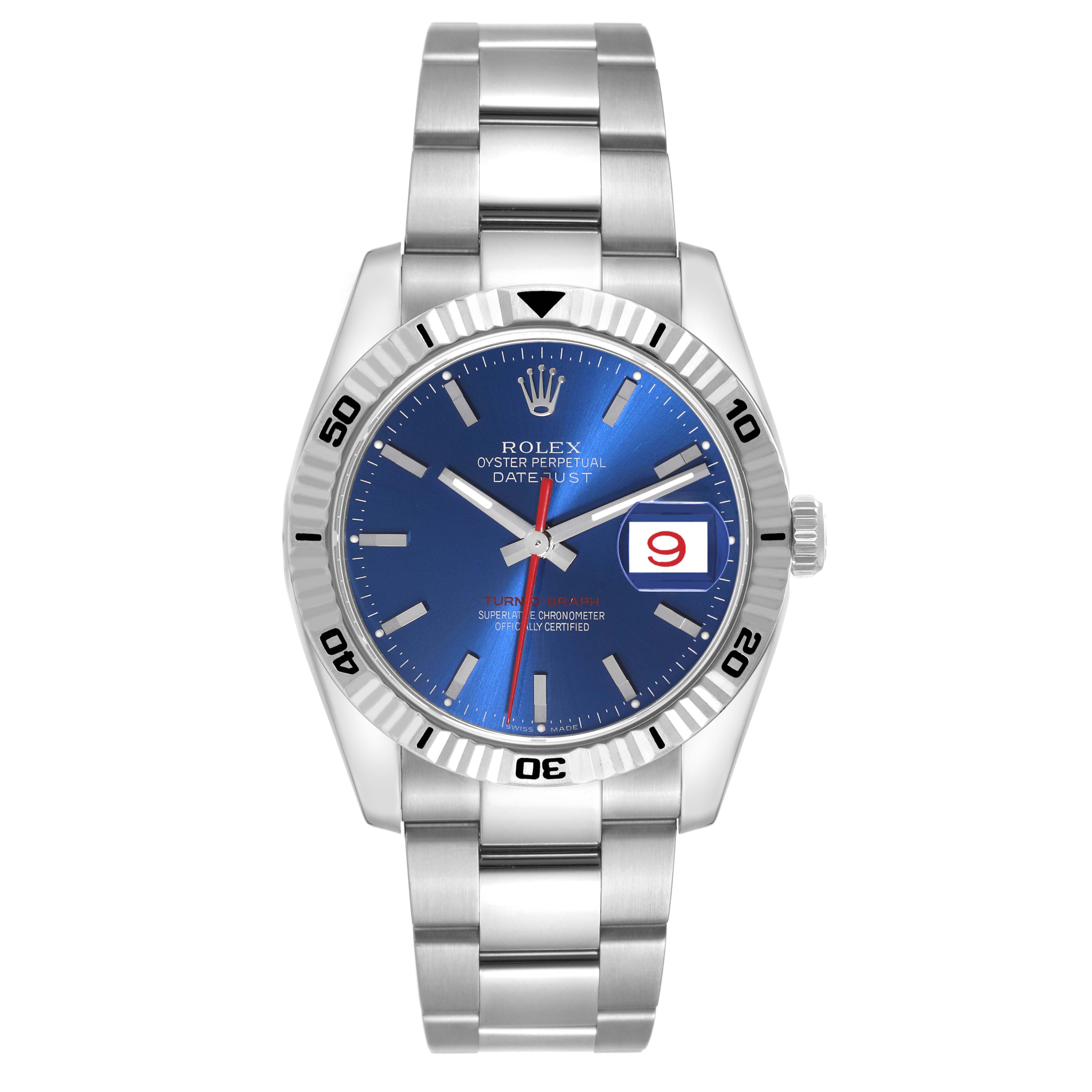 The image shows a front view of a Rolex Turn-o-Graph 116264 Men's Stainless Steel Blue Dial 116264 Men's Stainless Steel Blue Dial watch featuring a blue dial, date display, and stainless steel bracelet.