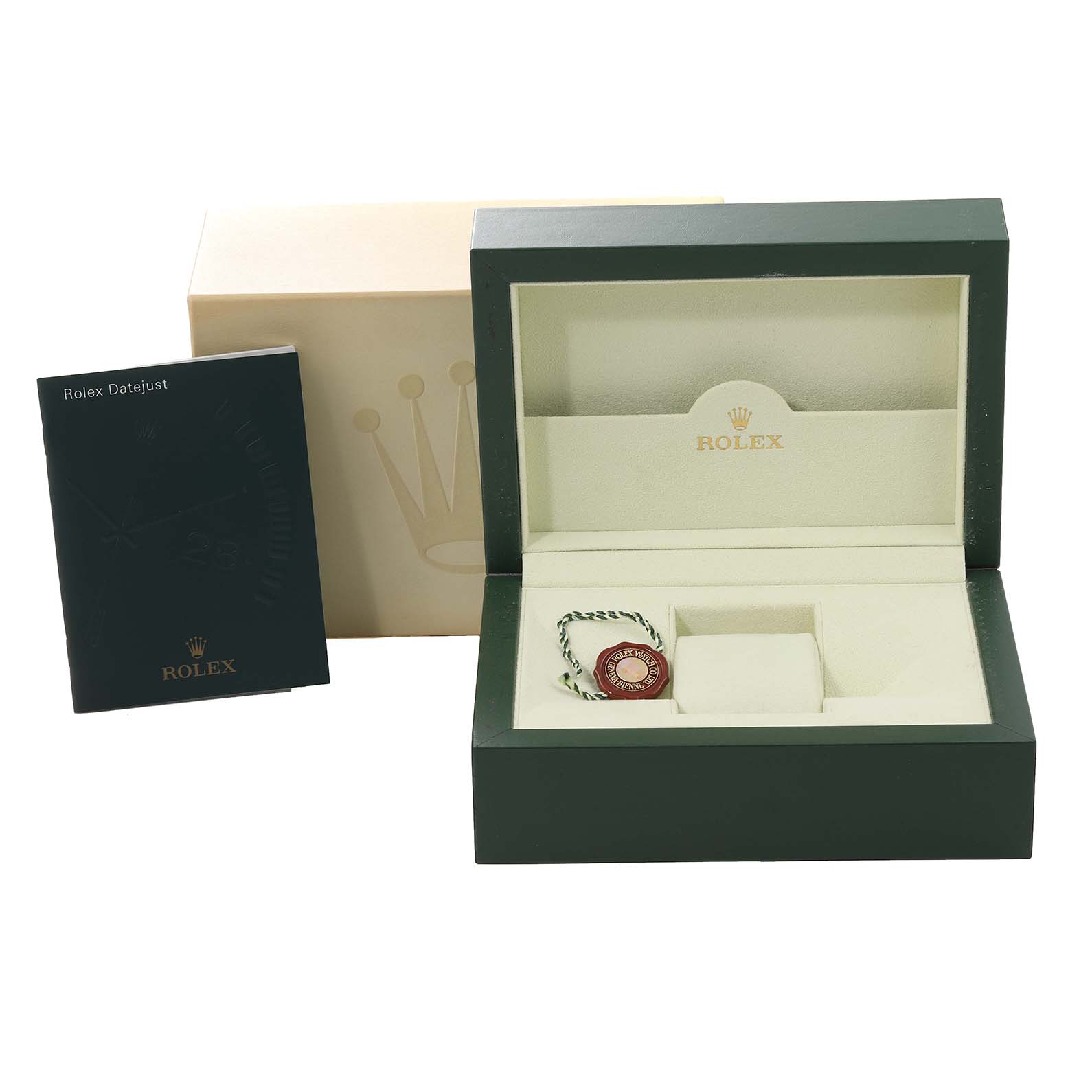 This image shows the box and accompanying accessories for a Rolex Turn-o-Graph 116264 Men's Stainless Steel Blue Dial 116264 Men's Stainless Steel Blue Dial watch, including its manual and tags.