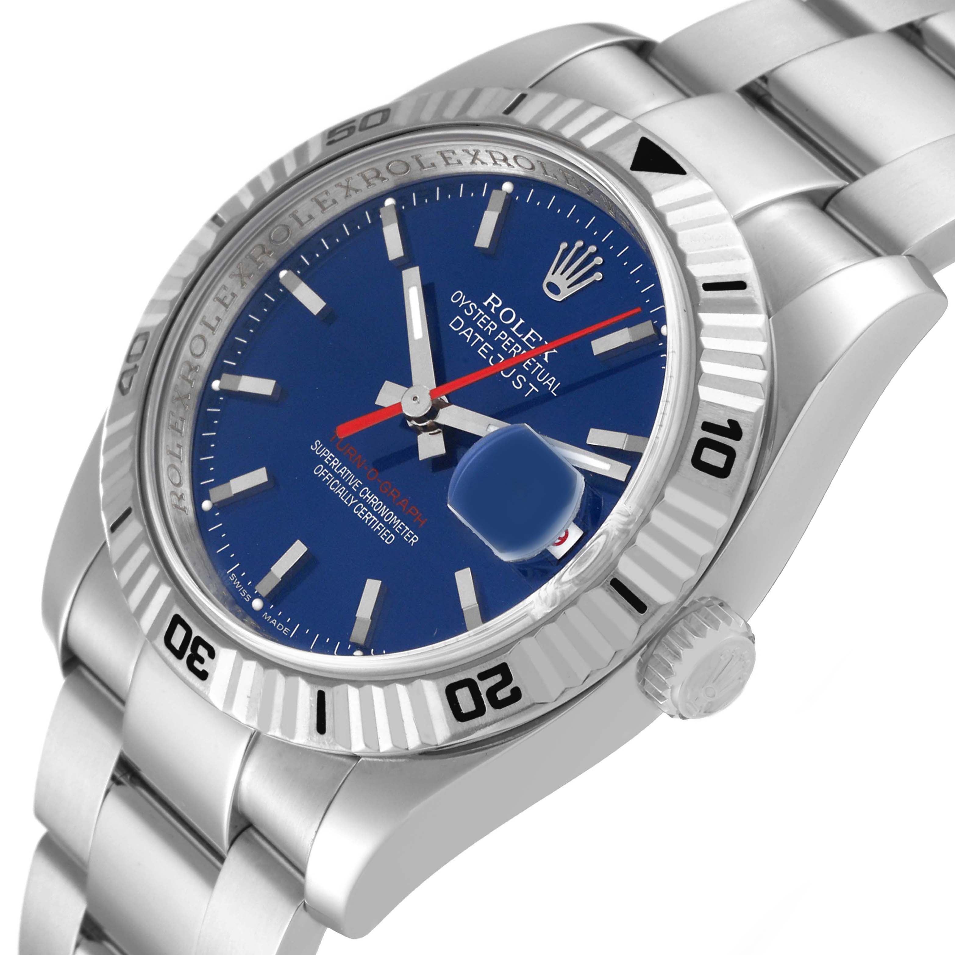 This image shows a Rolex Turn-o-Graph 116264 Men's Stainless Steel Blue Dial 116264 Men's Stainless Steel Blue Dial watch from a slightly angled view, highlighting its blue dial, bezel, date window, and bracelet.