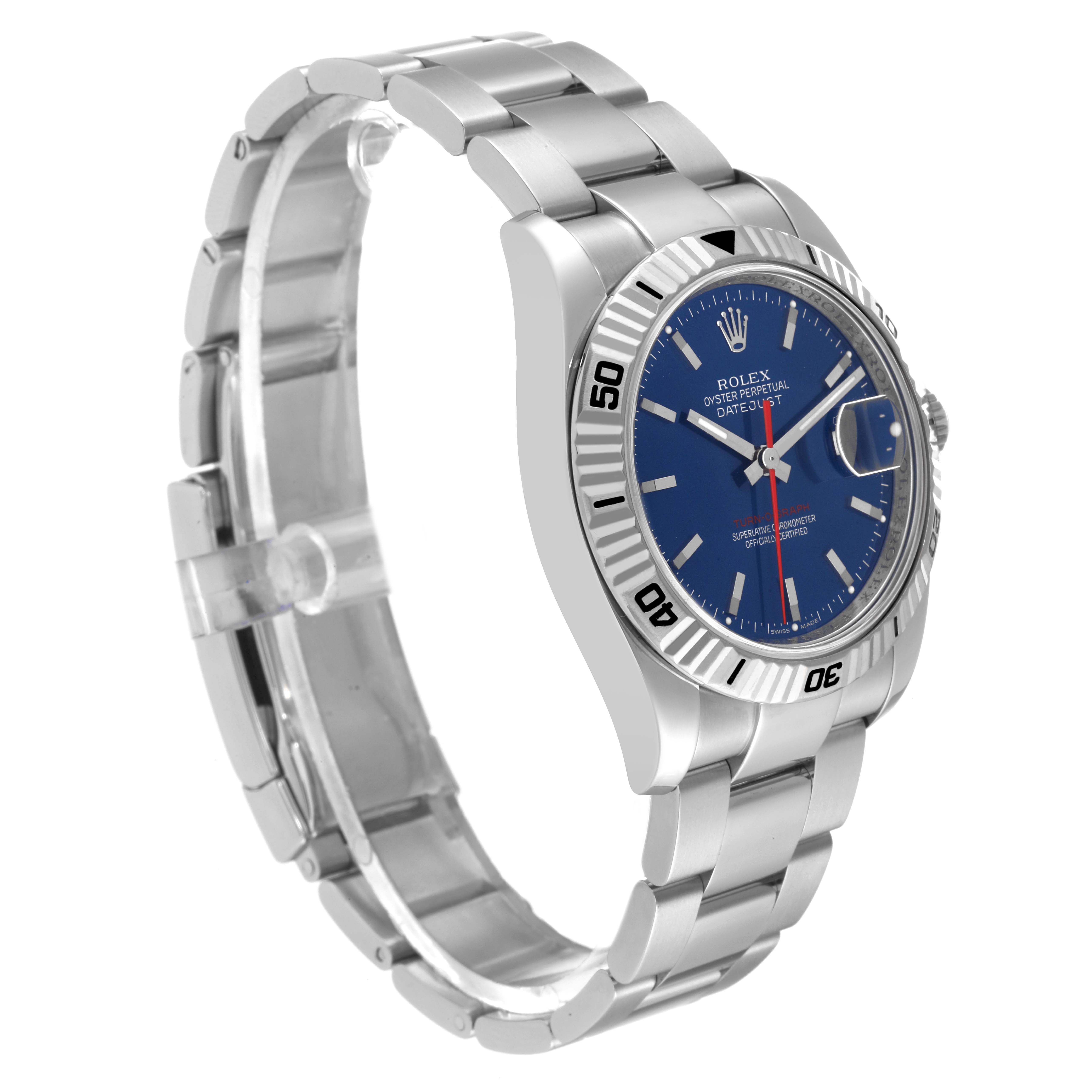 The image shows a side angle view of the Rolex Turn-o-Graph 116264 Men's Stainless Steel Blue Dial 116264 Men's Stainless Steel Blue Dial watch, highlighting its blue dial, bezel, and stainless steel bracelet.