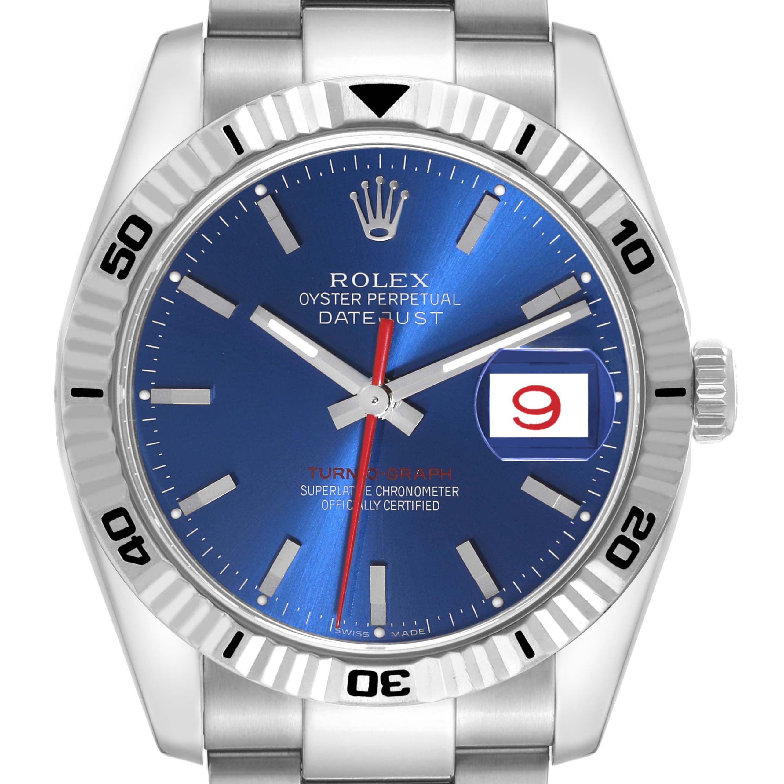 The image shows a front view of a Rolex Turn-o-Graph 116264 Men's Stainless Steel Blue Dial 116264 Men's Stainless Steel Blue Dial watch with a blue dial and date display.