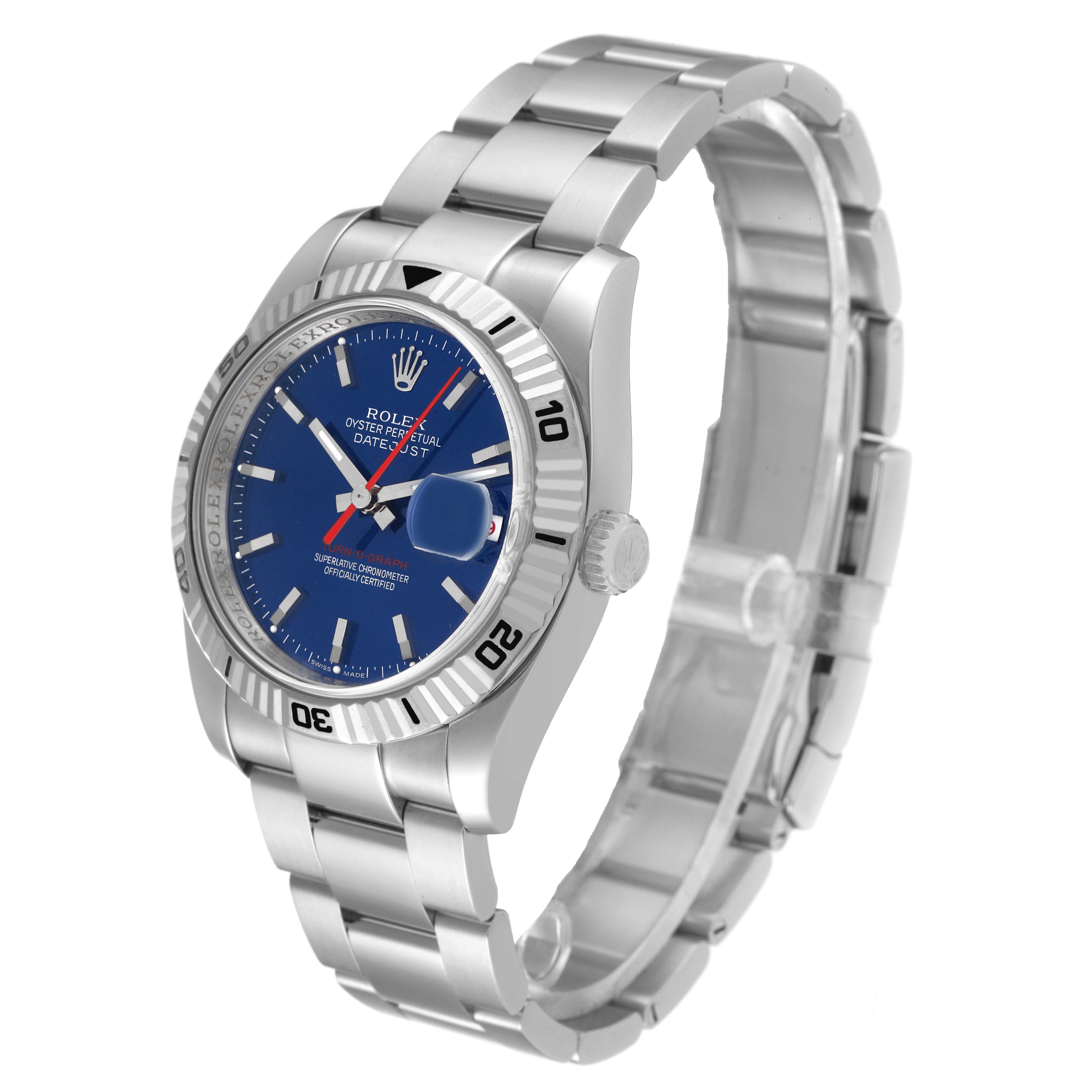 The image shows a Rolex Turn-o-Graph 116264 Men's Stainless Steel Blue Dial 116264 Men's Stainless Steel Blue Dial watch at a three-quarter angle, highlighting its bracelet, dial, bezel, and crown.