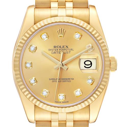 The image shows a full frontal view of a gold Rolex Datejust 116238 Men's Yellow Gold Champagne Dial with a gold dial, diamond hour markers, and a date window.